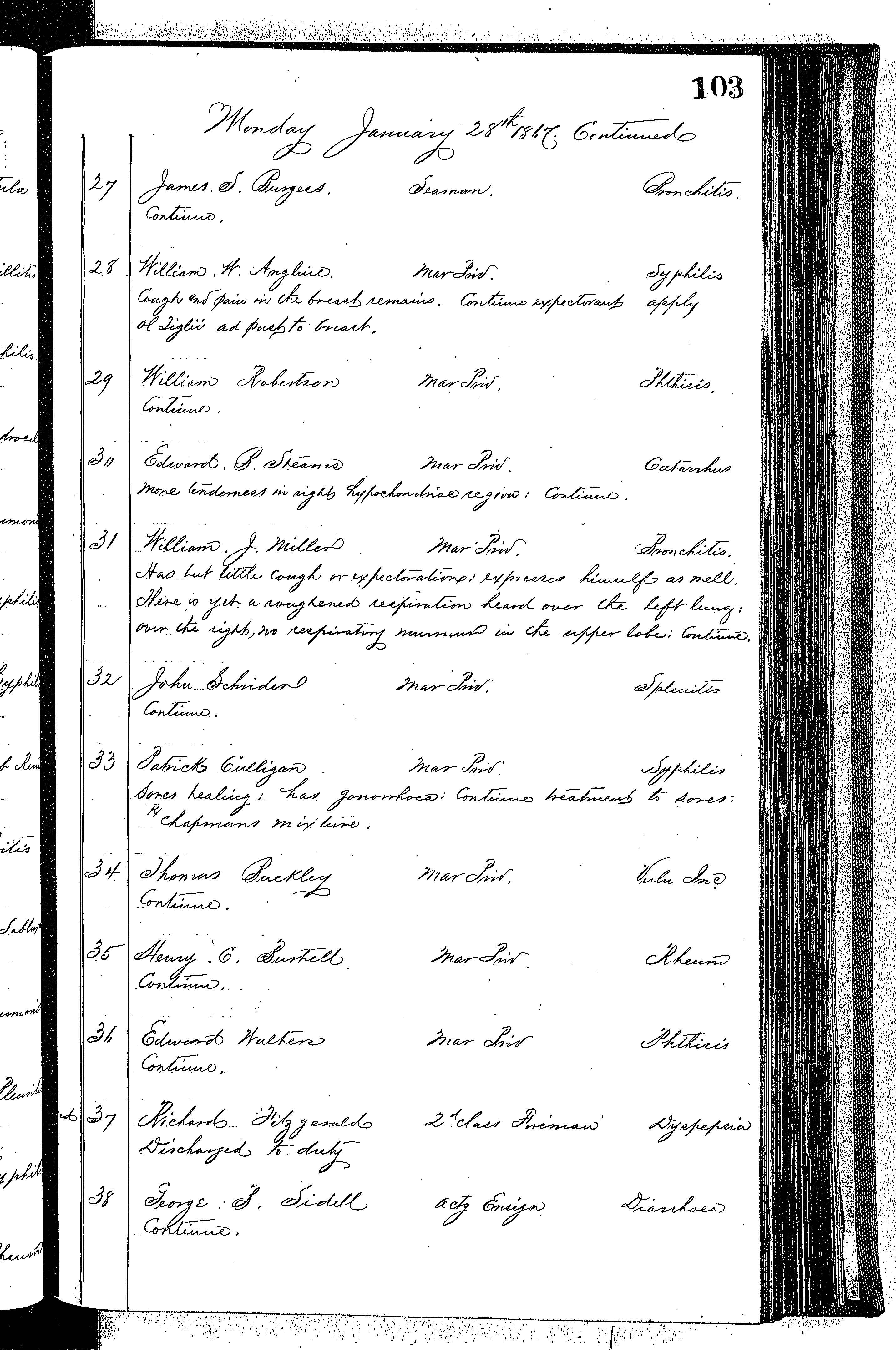 Patients in the Naval Hospital, Washington DC, on January 28, 1867 - Page 3 of 4, in the Medical Journal, October 1, 1866 to March 20, 1867