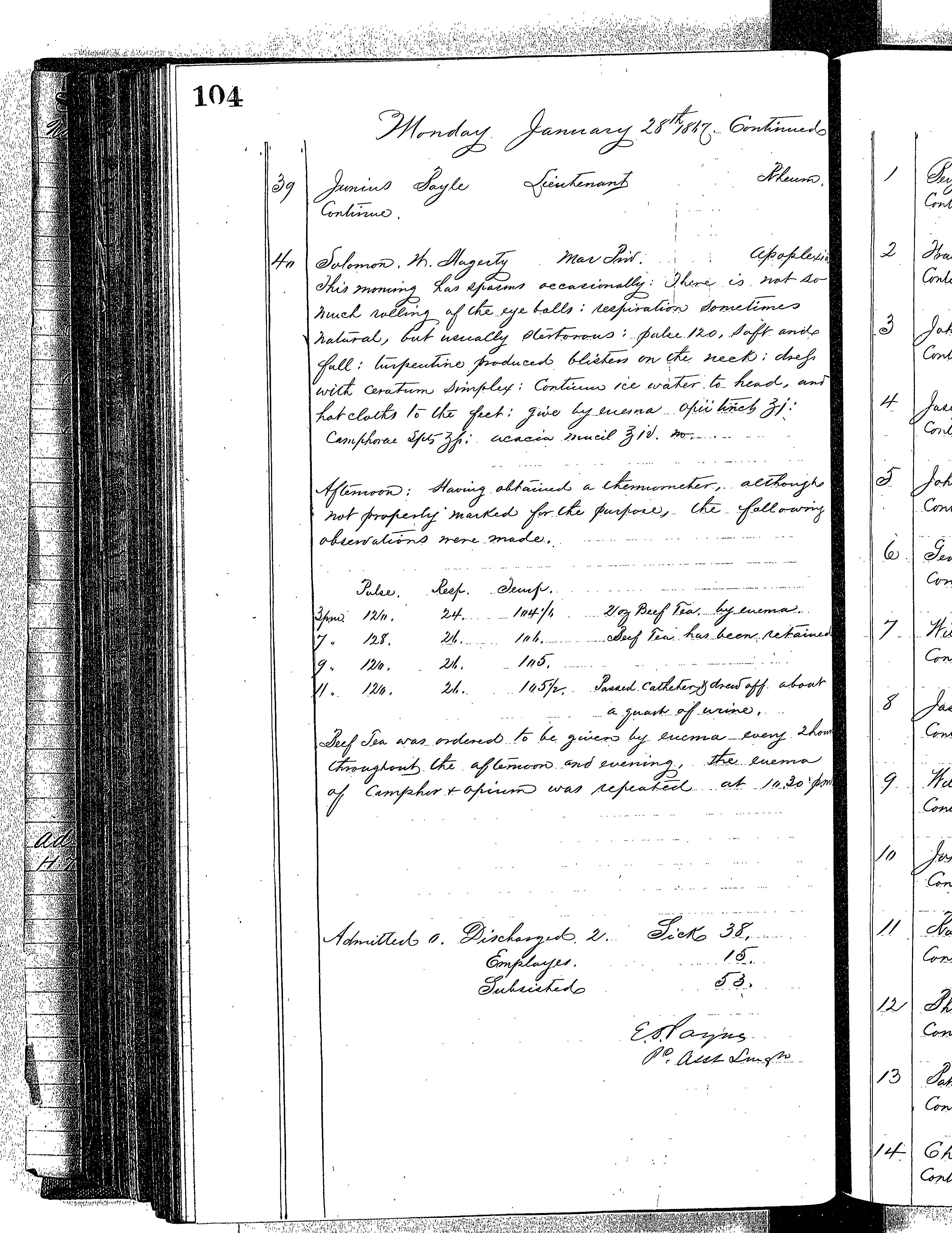 Patients in the Naval Hospital, Washington DC, on January 28, 1867 - Page 4 of 4, in the Medical Journal, October 1, 1866 to March 20, 1867