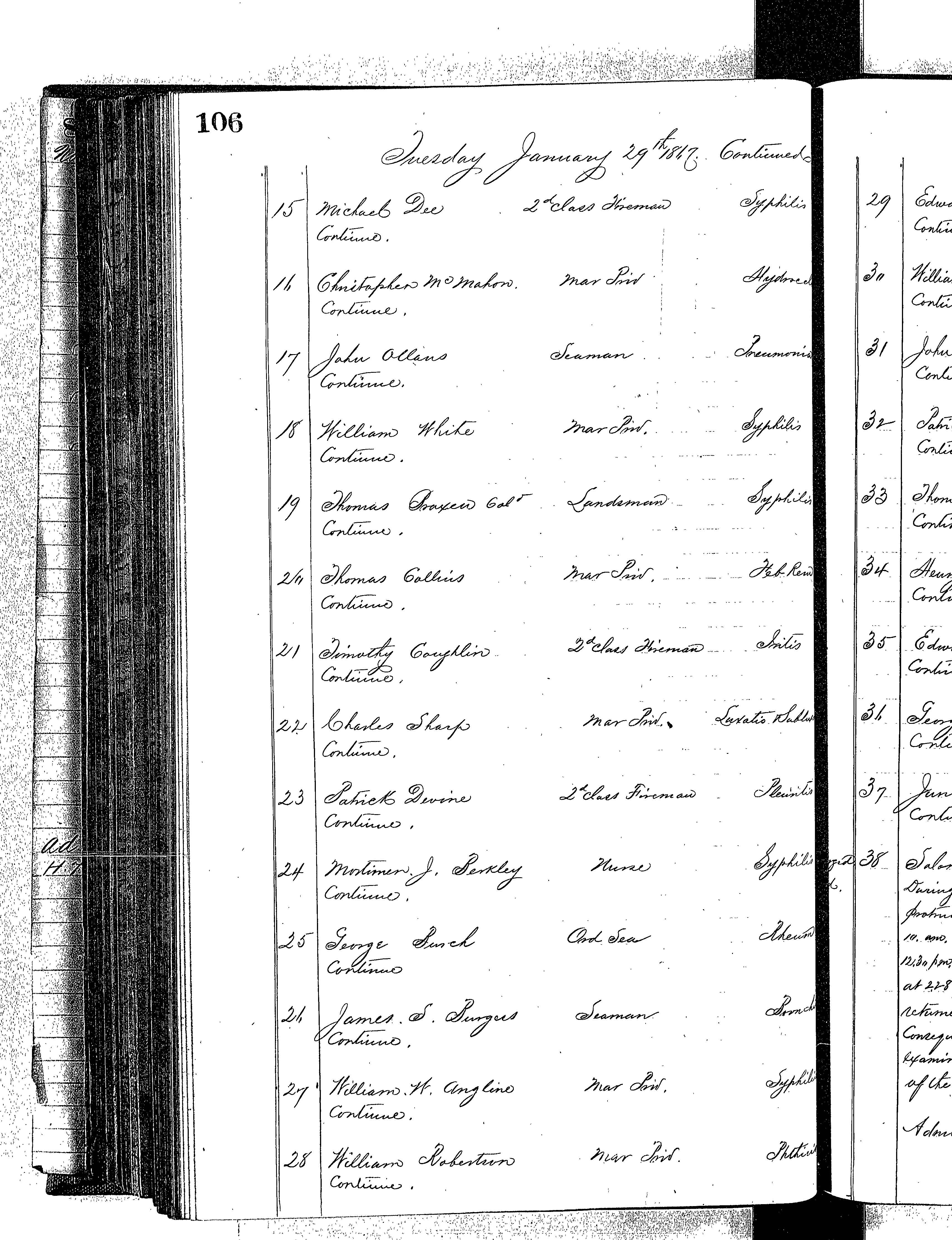 Patients in the Naval Hospital, Washington DC, on January 29, 1867 - Page 2 of 3, in the Medical Journal, October 1, 1866 to March 20, 1867