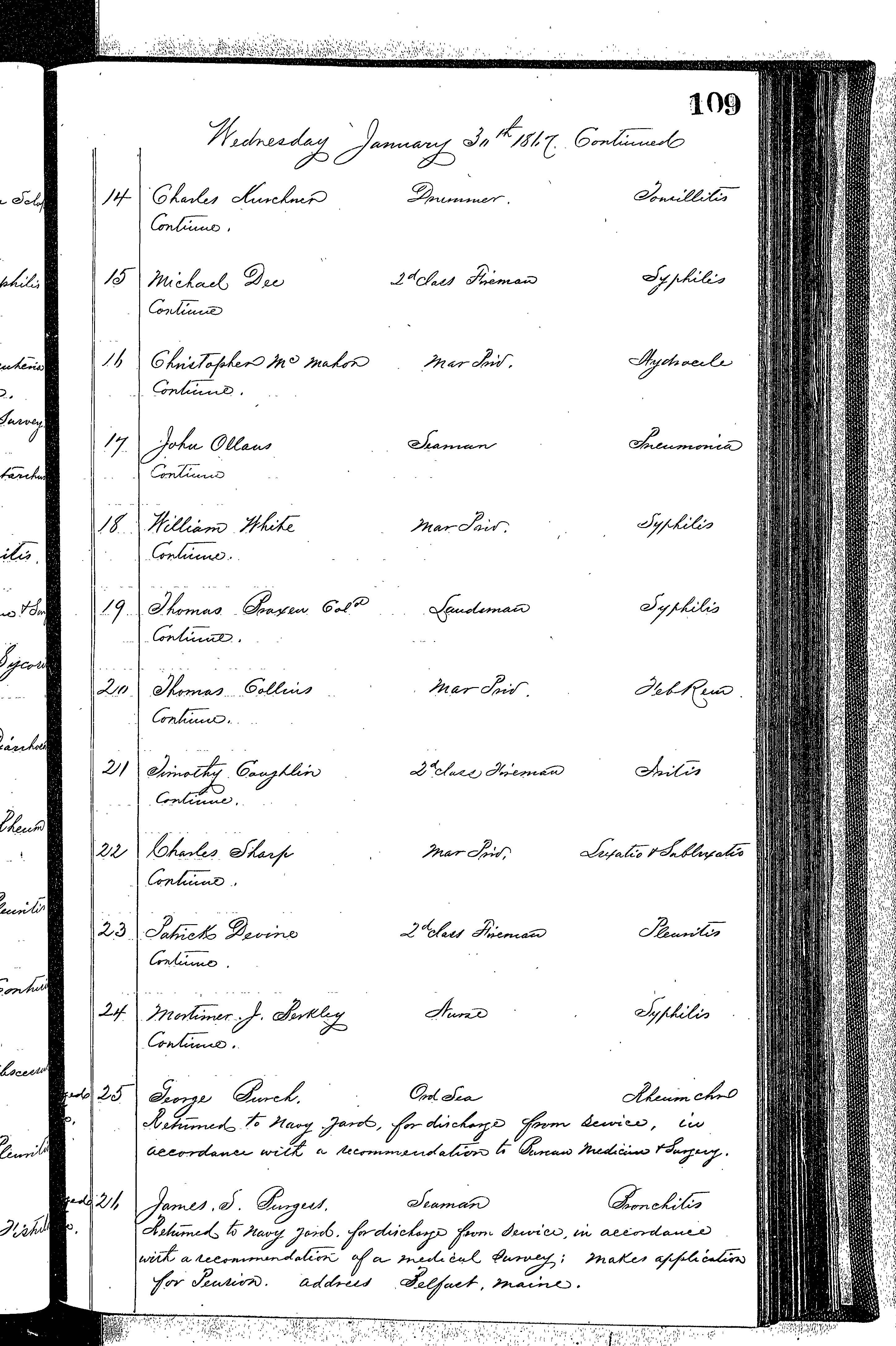 Patients in the Naval Hospital, Washington DC, on January 30, 1867 - Page 2 of 4, in the Medical Journal, October 1, 1866 to March 20, 1867