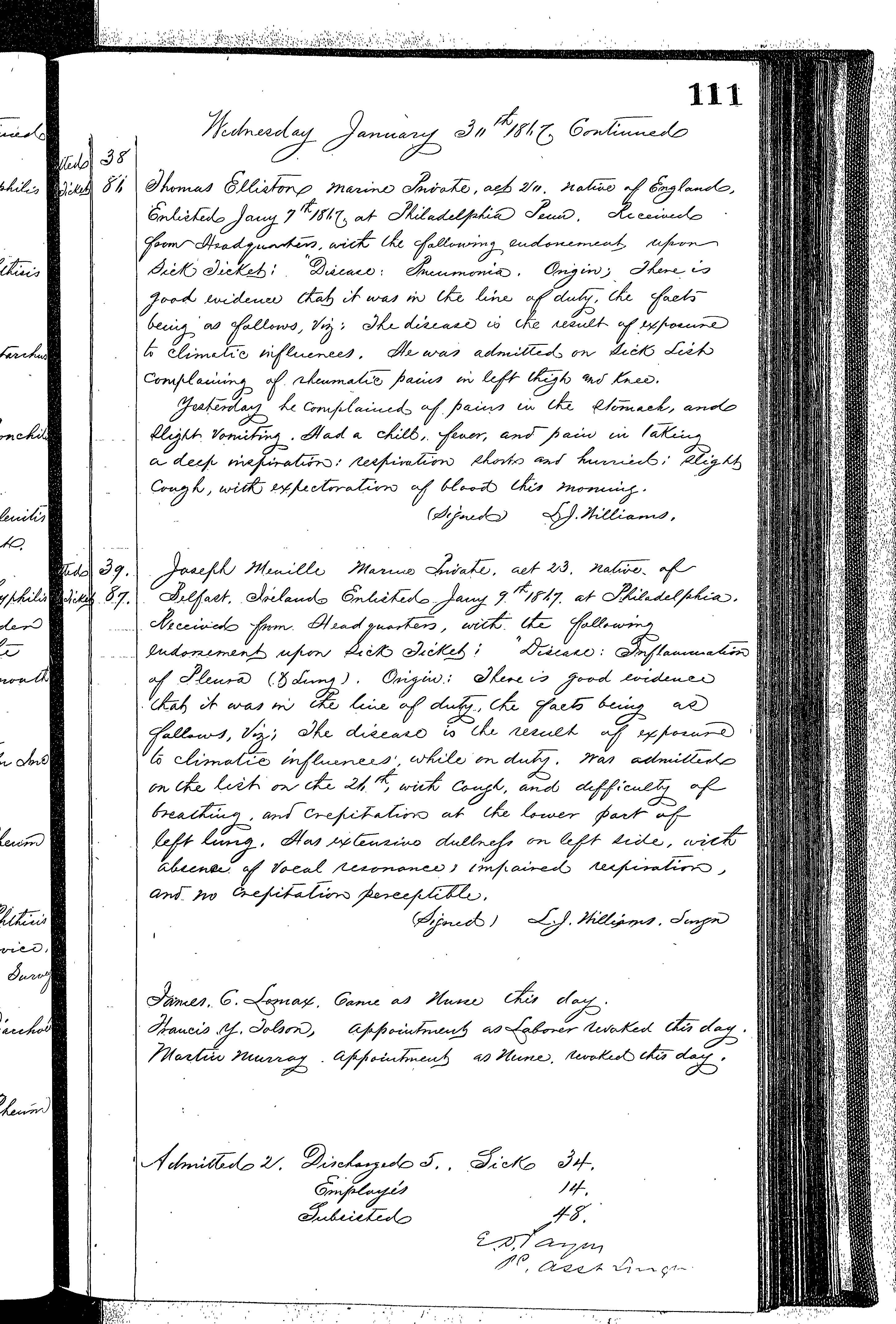 Patients in the Naval Hospital, Washington DC, on January 30, 1867 - Page 4 of 4, in the Medical Journal, October 1, 1866 to March 20, 1867