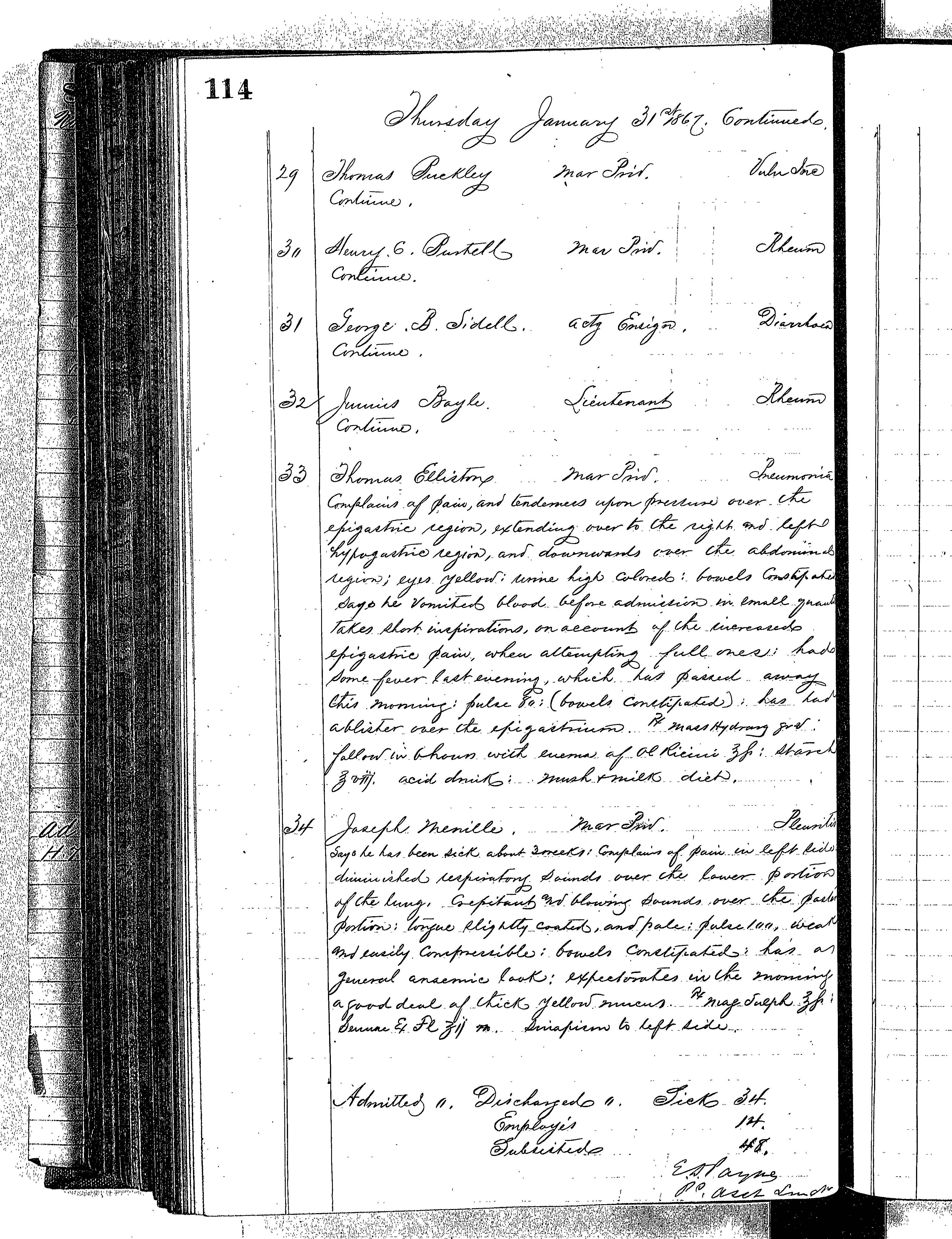 Patients in the Naval Hospital, Washington DC, on January 31, 1867 - Page 3 of 3, in the Medical Journal, October 1, 1866 to March 20, 1867