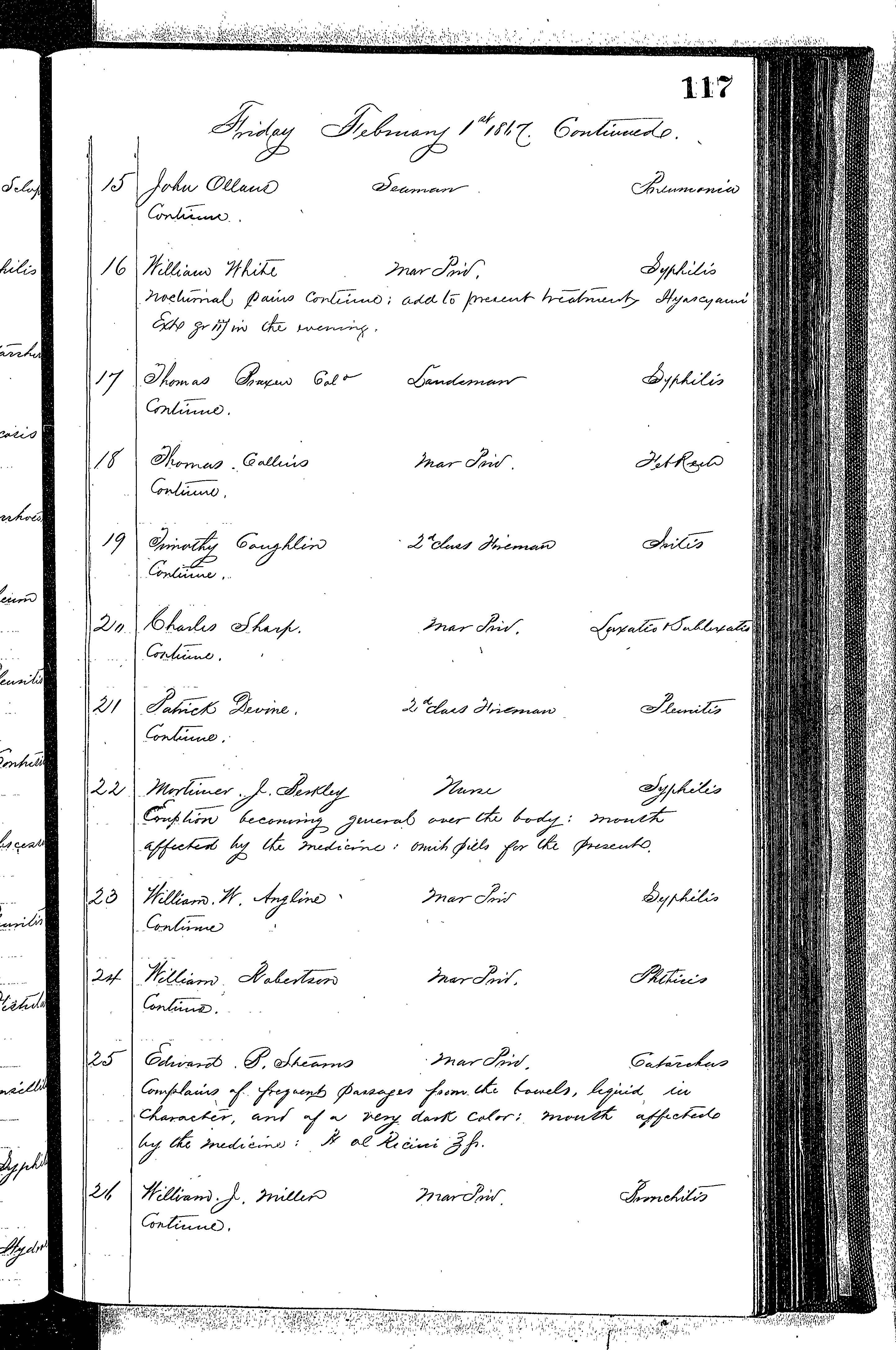 Patients in the Naval Hospital, Washington DC, on February 1, 1867 - Page 2 of 3, in the Medical Journal, October 1, 1866 to March 20, 1867