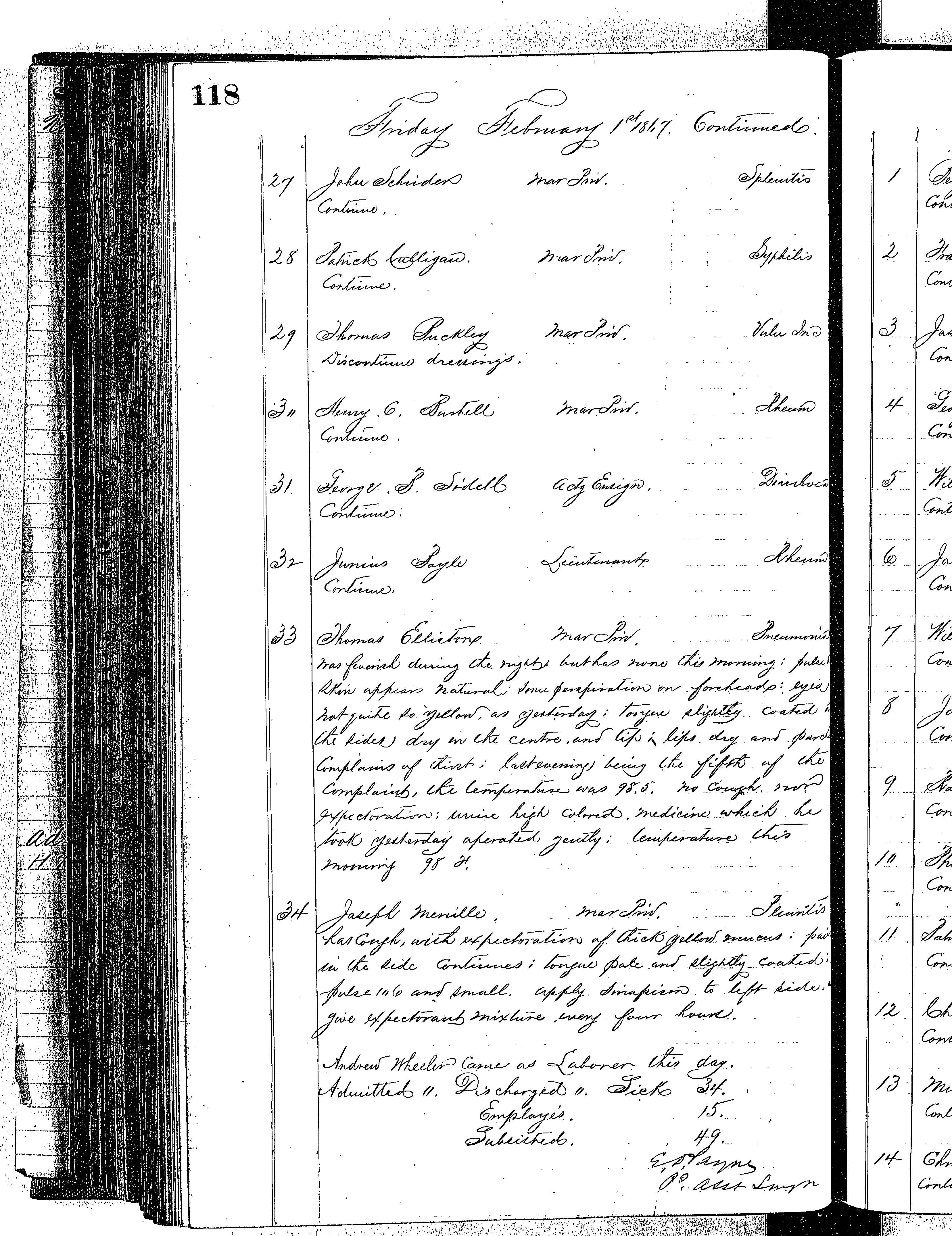 Patients in the Naval Hospital, Washington DC, on February 1, 1867 - Page 3 of 3, in the Medical Journal, October 1, 1866 to March 20, 1867