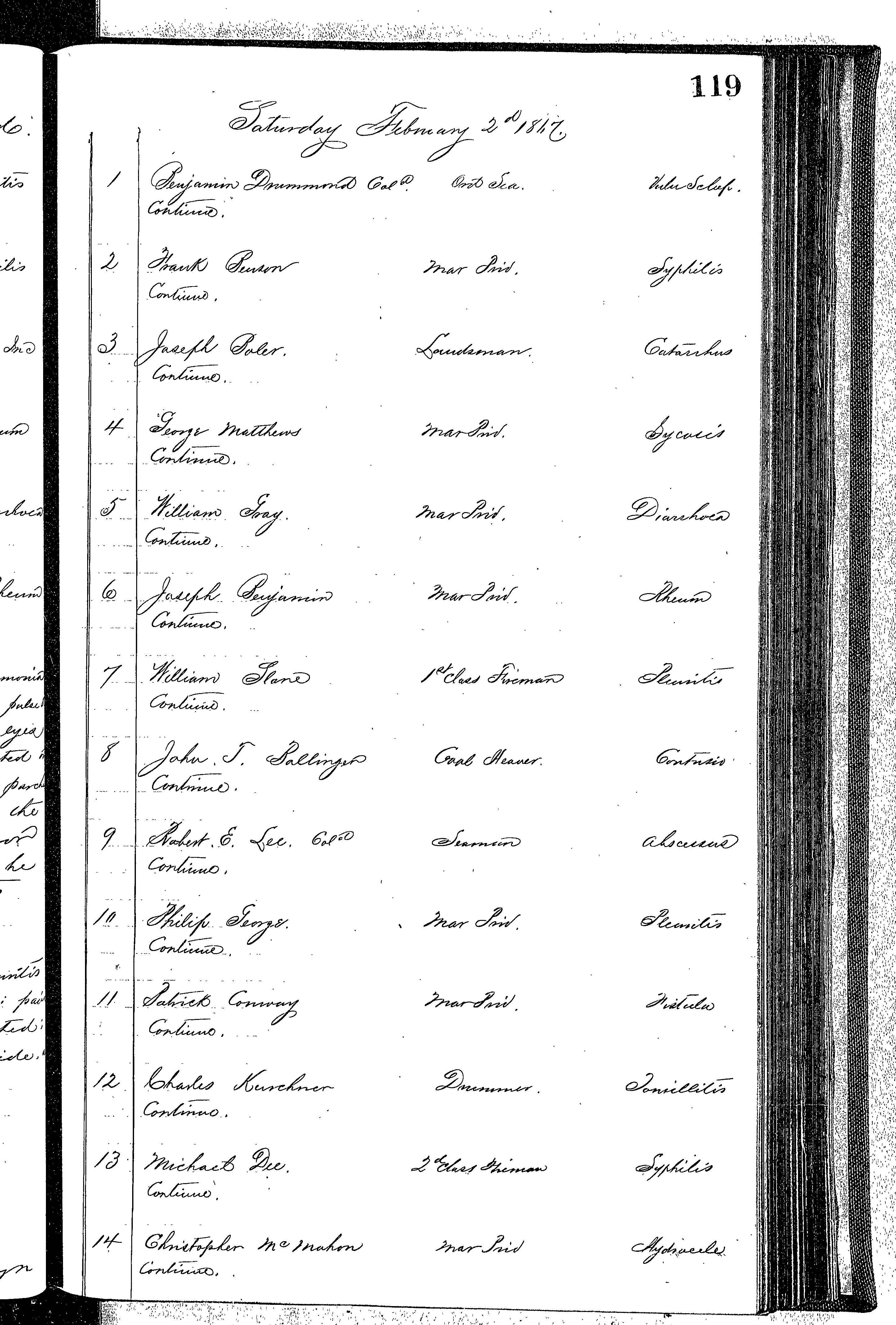 Patients in the Naval Hospital, Washington DC, on February 2, 1867 - Page 1 of 3, in the Medical Journal, October 1, 1866 to March 20, 1867