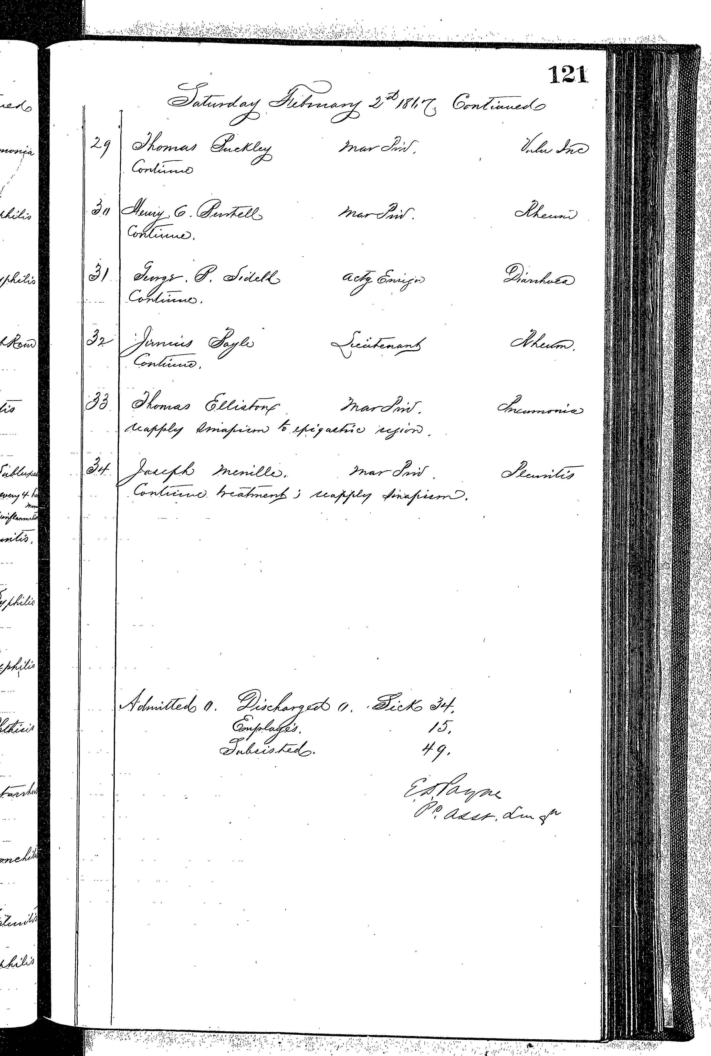 Patients in the Naval Hospital, Washington DC, on February 2, 1867 - Page 3 of 3, in the Medical Journal, October 1, 1866 to March 20, 1867