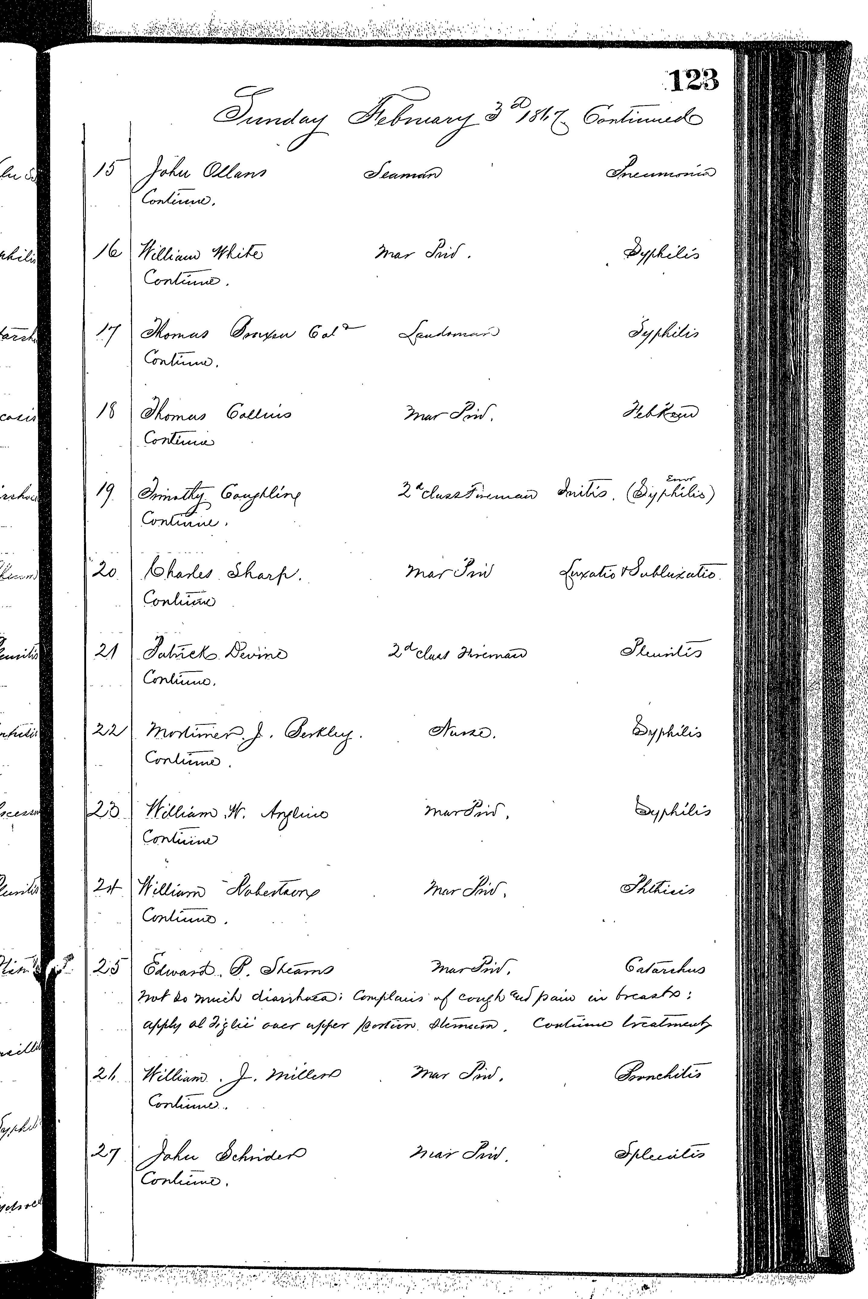 Patients in the Naval Hospital, Washington DC, on February 3, 1867 - Page 2 of 3, in the Medical Journal, October 1, 1866 to March 20, 1867