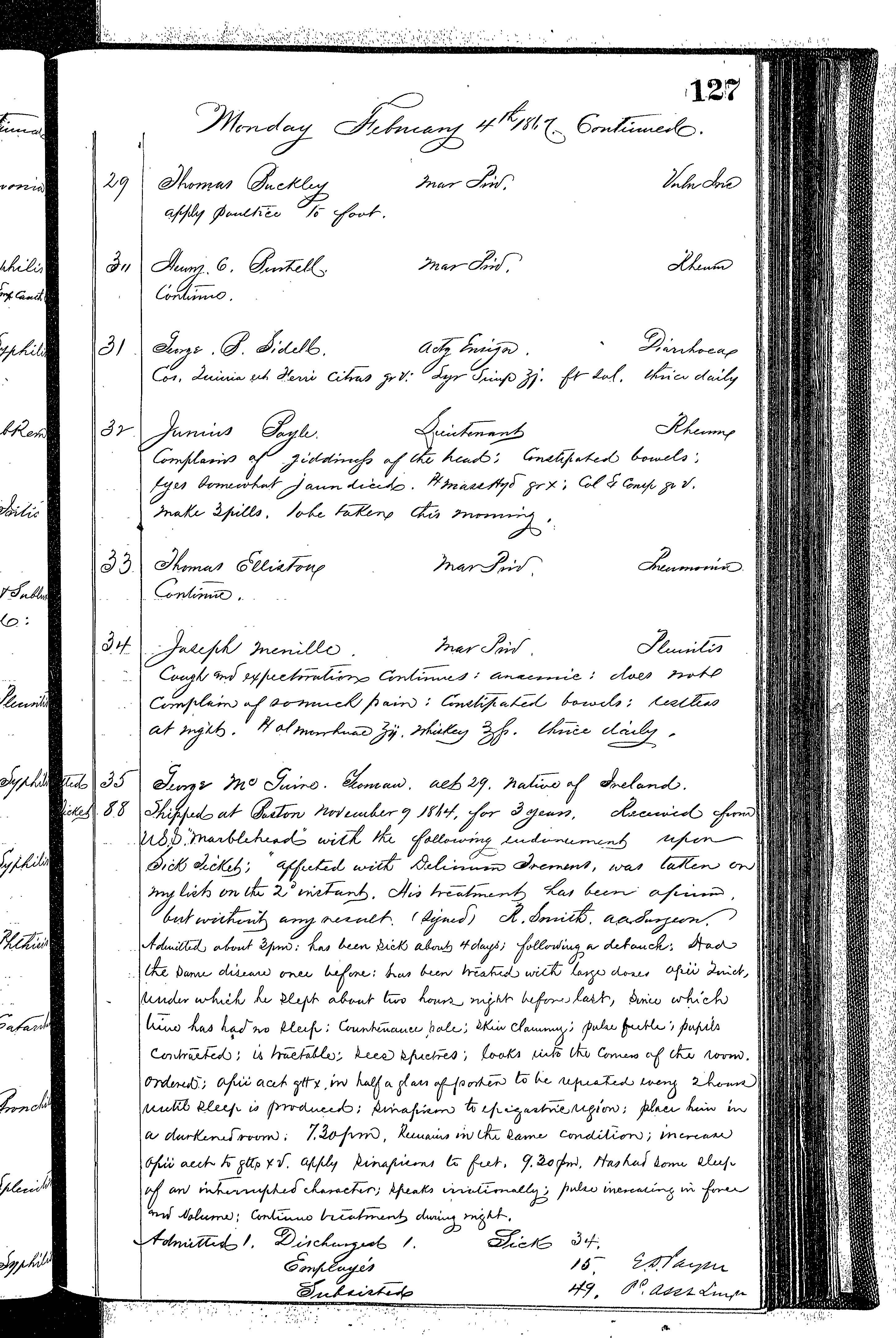 Patients in the Naval Hospital, Washington DC, on February 4, 1867 - Page 3 of 3, in the Medical Journal, October 1, 1866 to March 20, 1867