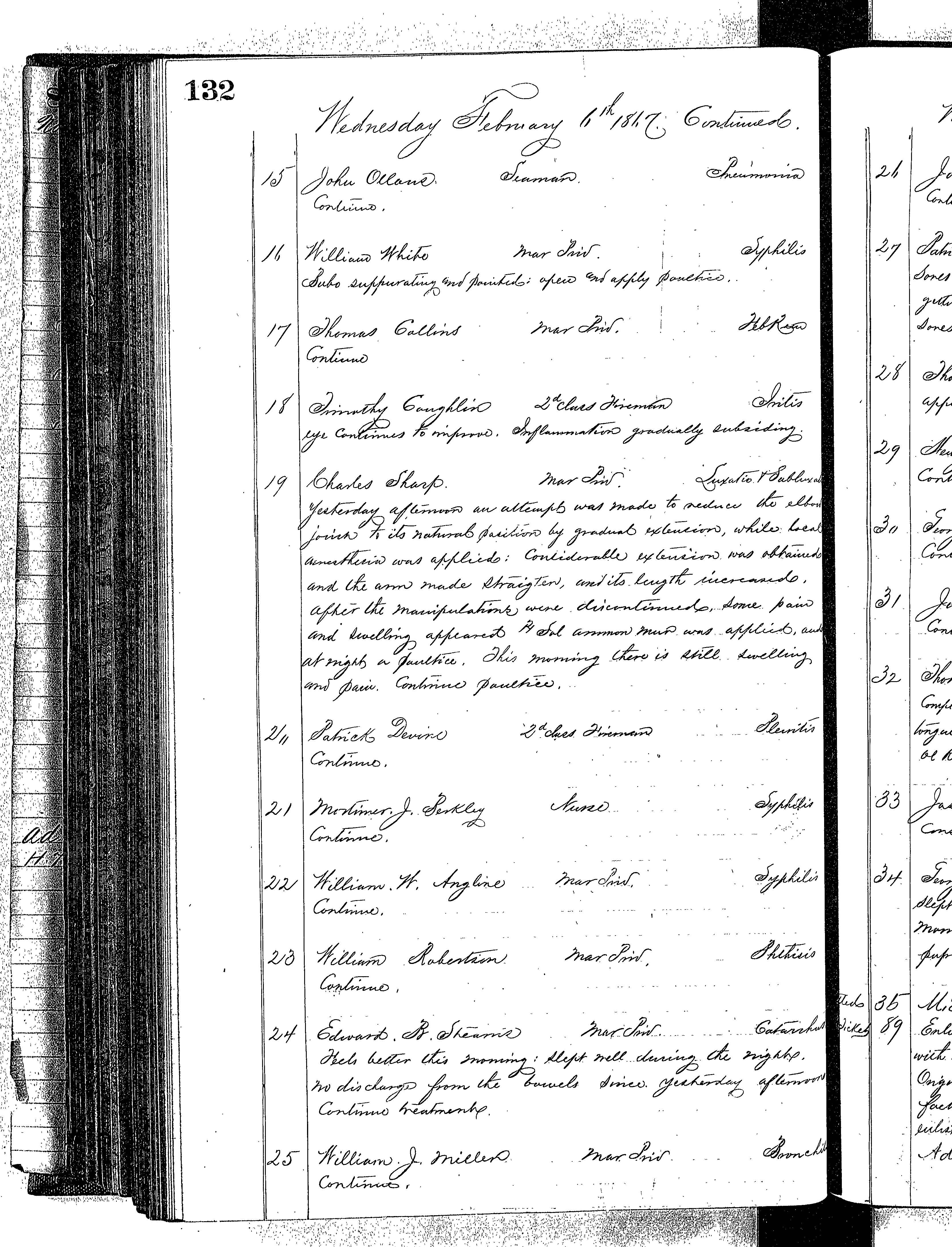 Patients in the Naval Hospital, Washington DC, on February 6, 1867 - Page 2 of 3, in the Medical Journal, October 1, 1866 to March 20, 1867