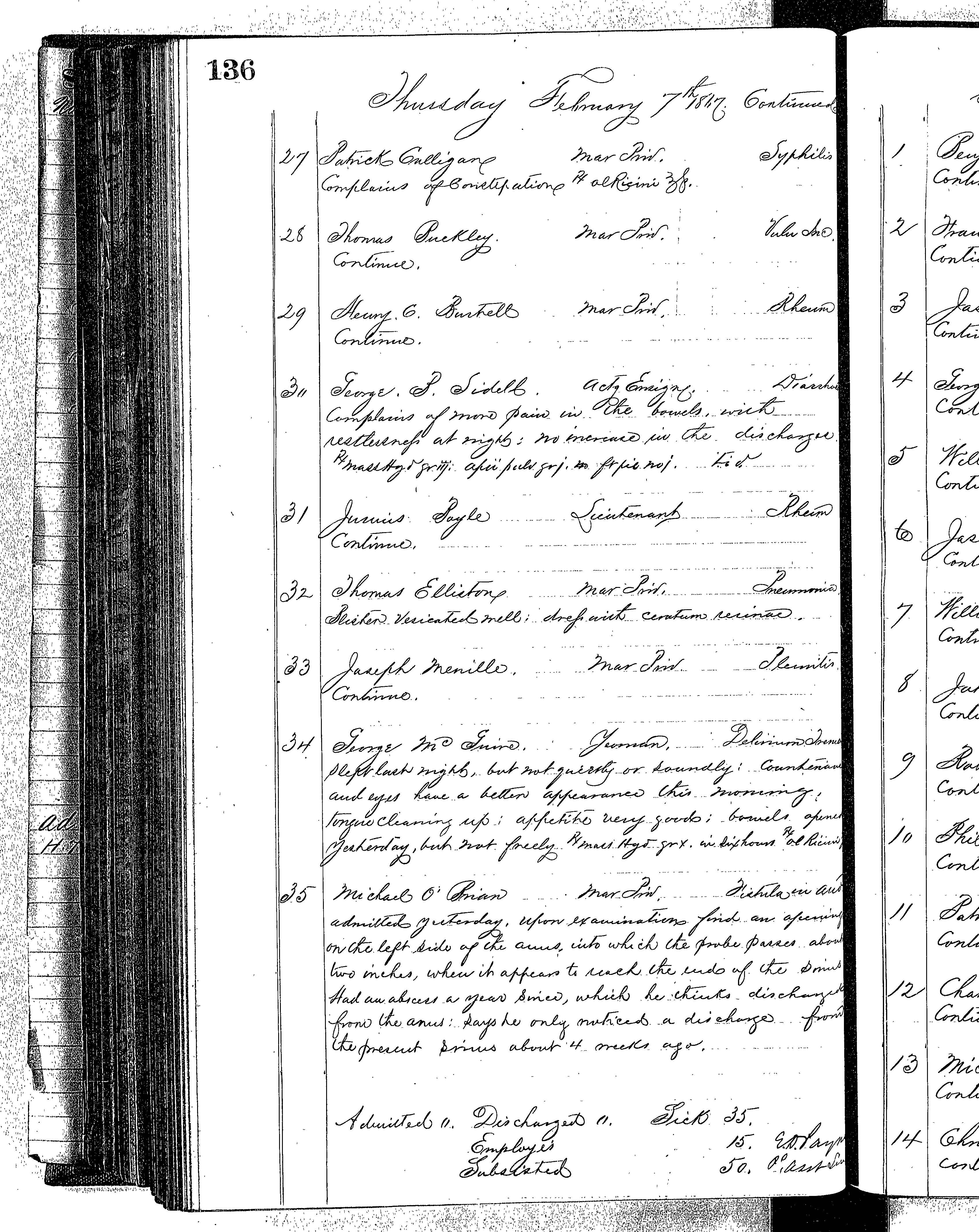 Patients in the Naval Hospital, Washington DC, on February 7, 1867 - Page 3 of 3, in the Medical Journal, October 1, 1866 to March 20, 1867