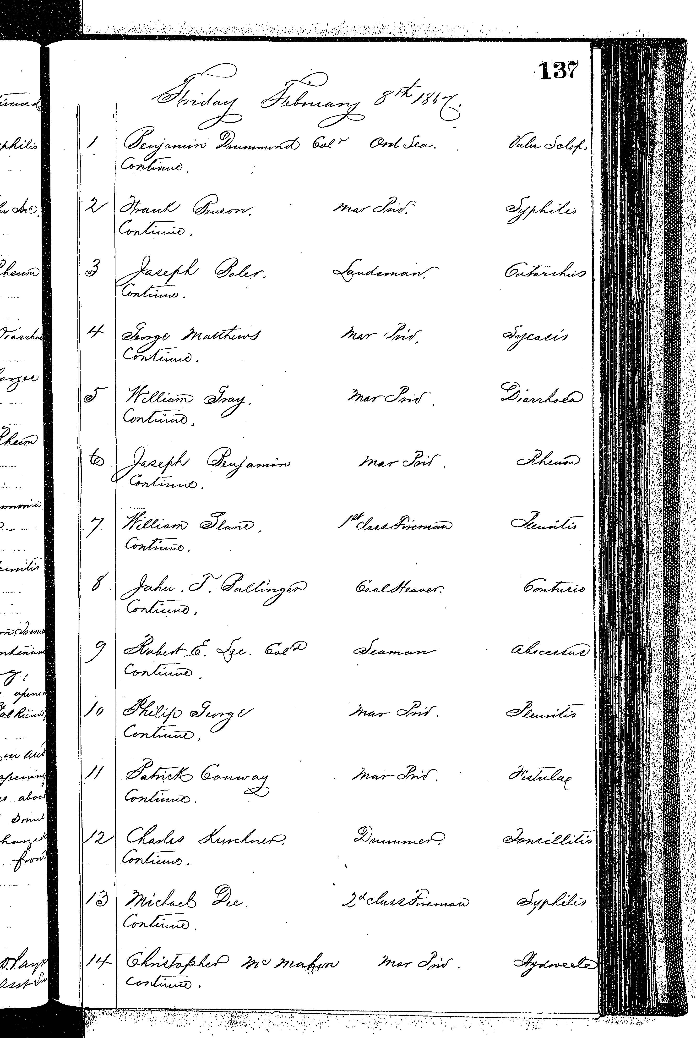 Patients in the Naval Hospital, Washington DC, on February 8, 1867 - Page 1 of 3, in the Medical Journal, October 1, 1866 to March 20, 1867