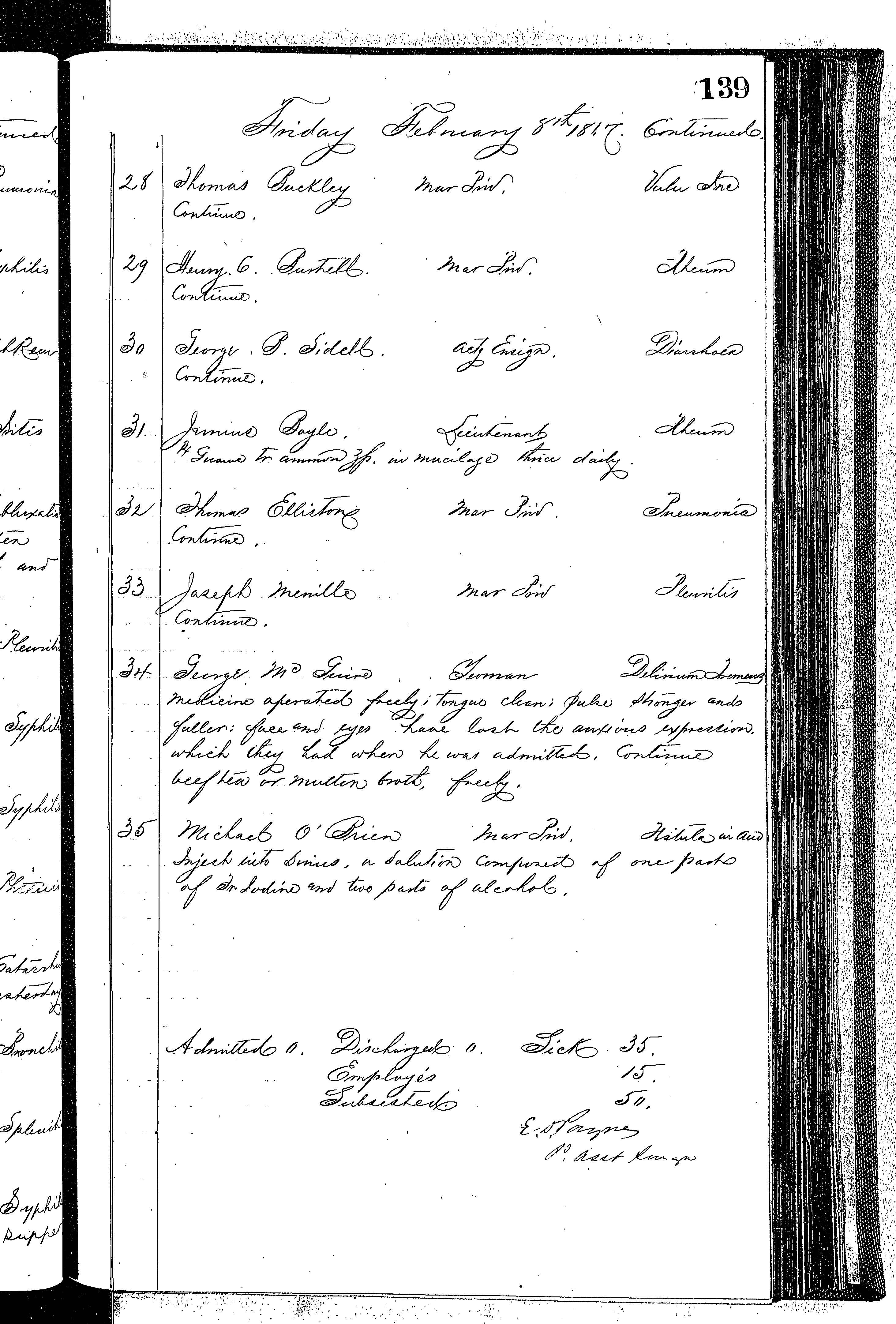 Patients in the Naval Hospital, Washington DC, on February 8, 1867 - Page 3 of 3, in the Medical Journal, October 1, 1866 to March 20, 1867