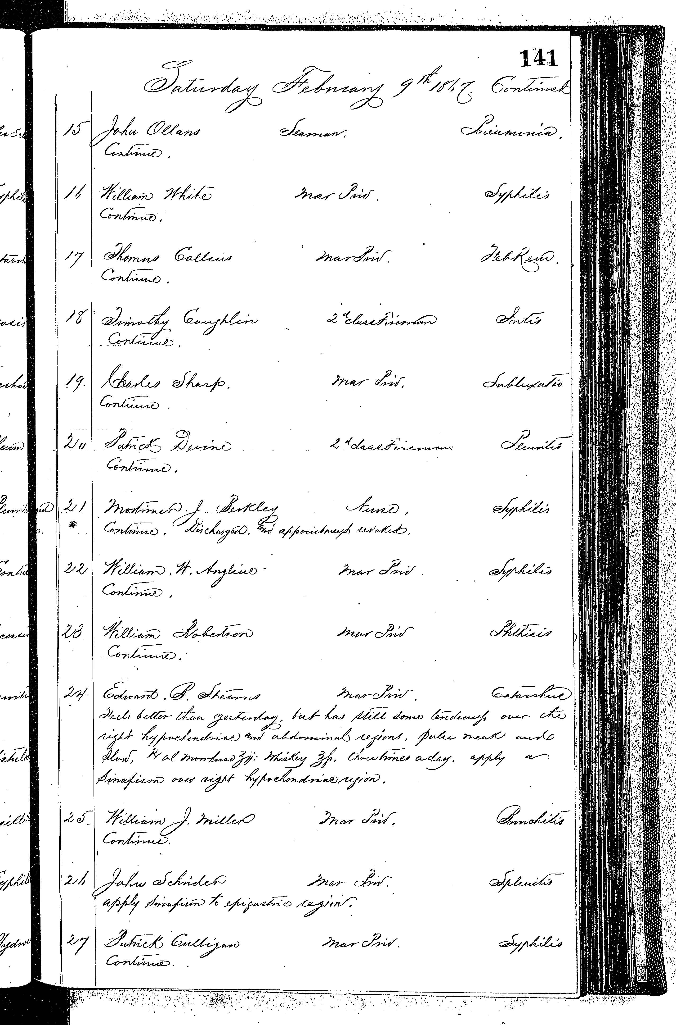 Patients in the Naval Hospital, Washington DC, on February 9, 1867 - Page 2 of 3, in the Medical Journal, October 1, 1866 to March 20, 1867