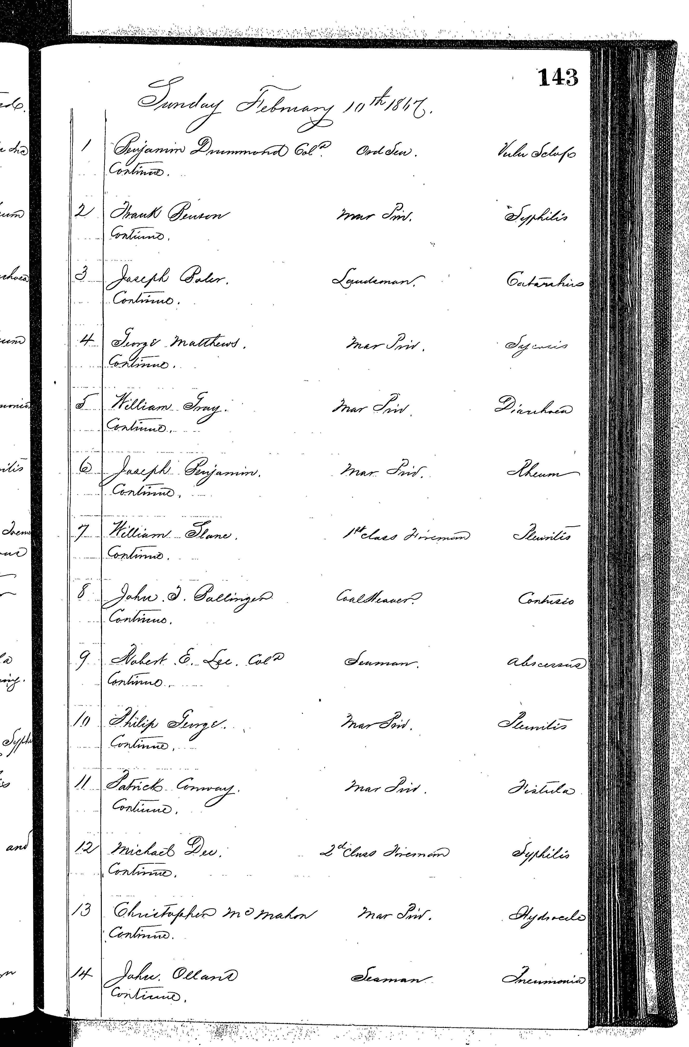 Patients in the Naval Hospital, Washington DC, on February 10, 1867 - Page 1 of 3, in the Medical Journal, October 1, 1866 to March 20, 1867