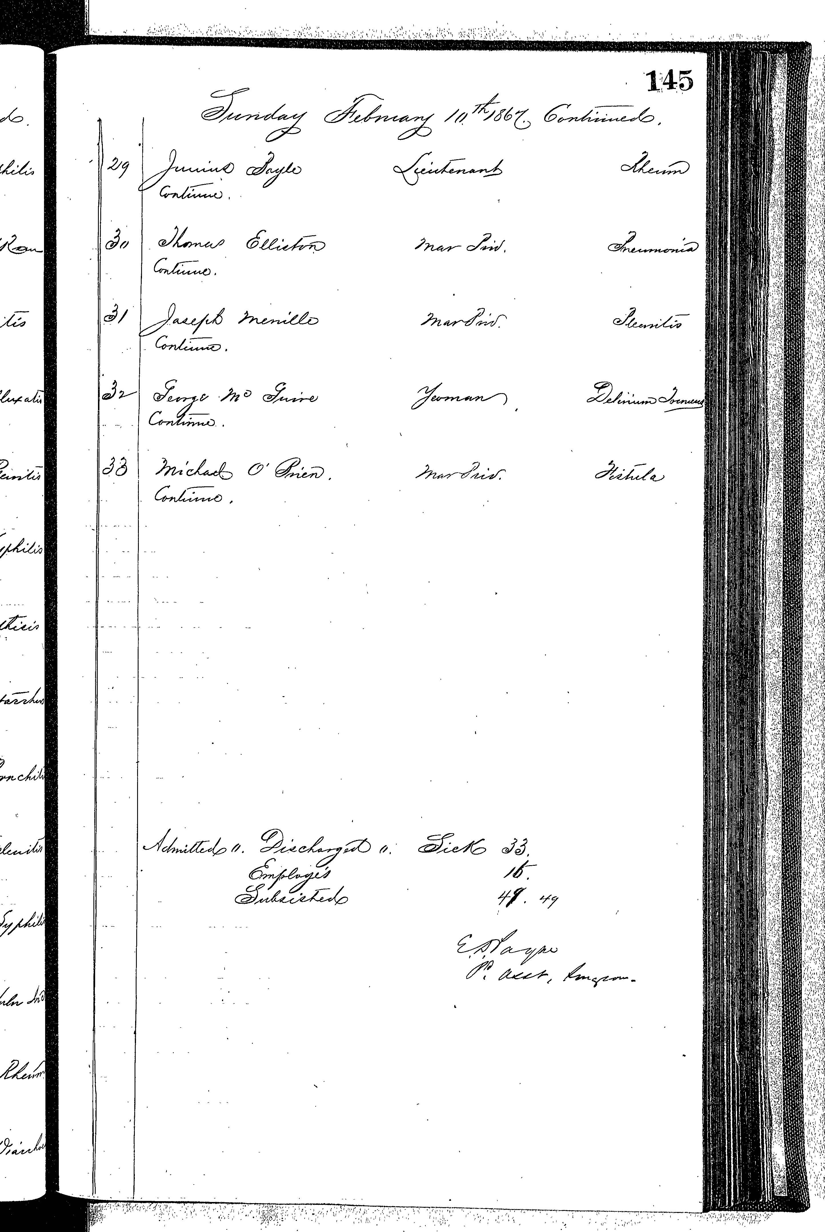 Patients in the Naval Hospital, Washington DC, on February 10, 1867 - Page 3 of 3, in the Medical Journal, October 1, 1866 to March 20, 1867