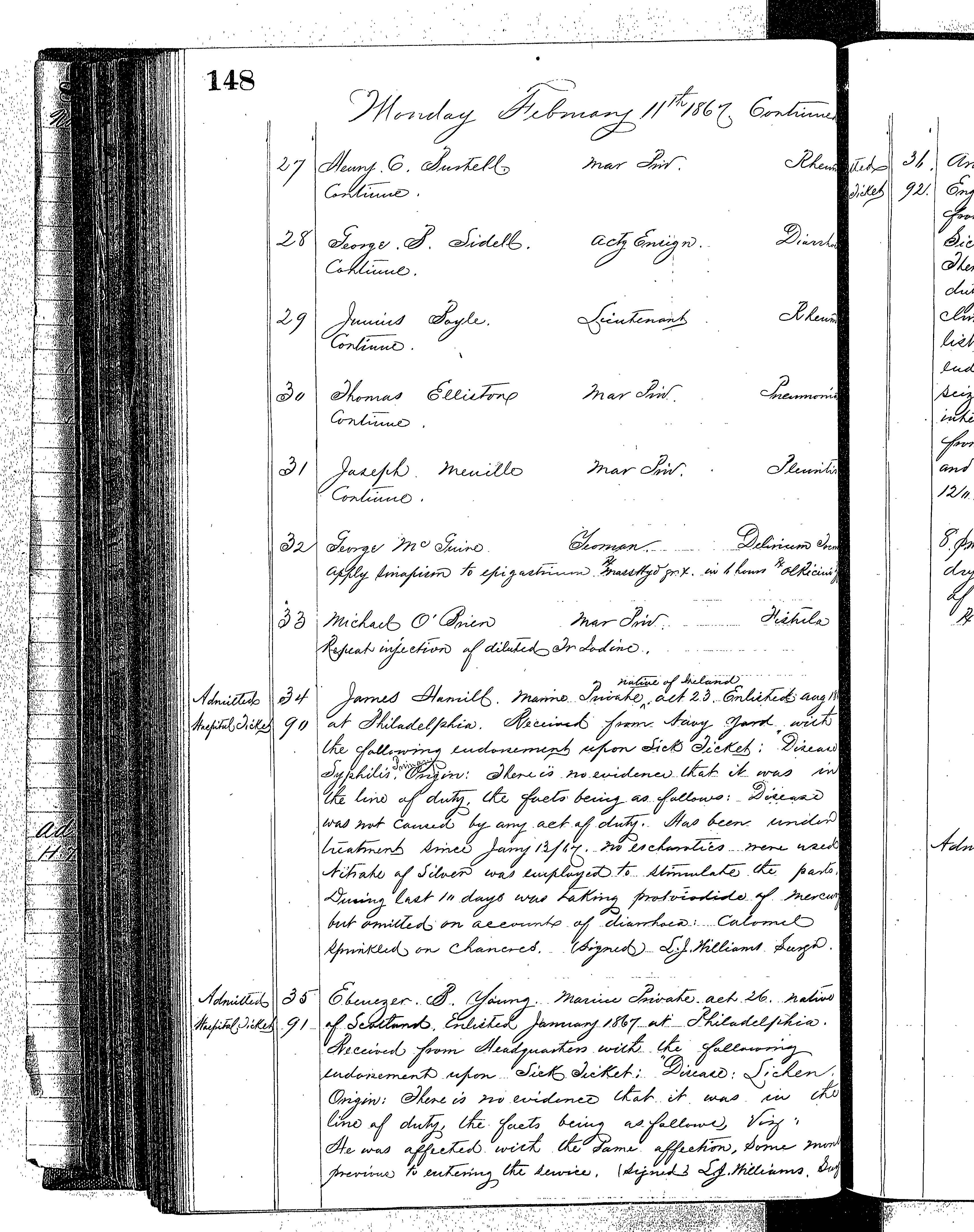 Patients in the Naval Hospital, Washington DC, on February 11, 1867 - Page 3 of 4, in the Medical Journal, October 1, 1866 to March 20, 1867