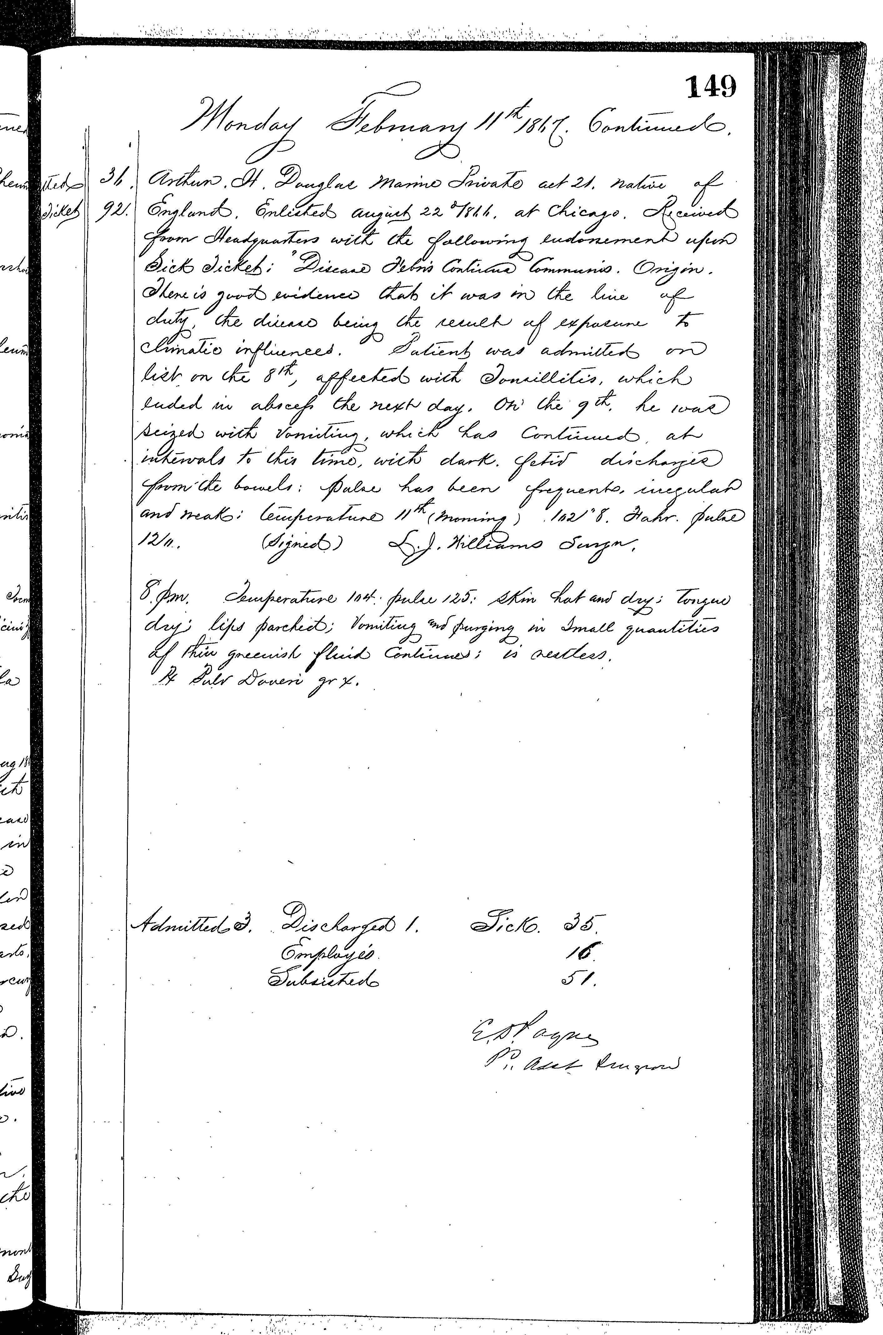 Patients in the Naval Hospital, Washington DC, on February 11, 1867 - Page 4 of 4, in the Medical Journal, October 1, 1866 to March 20, 1867