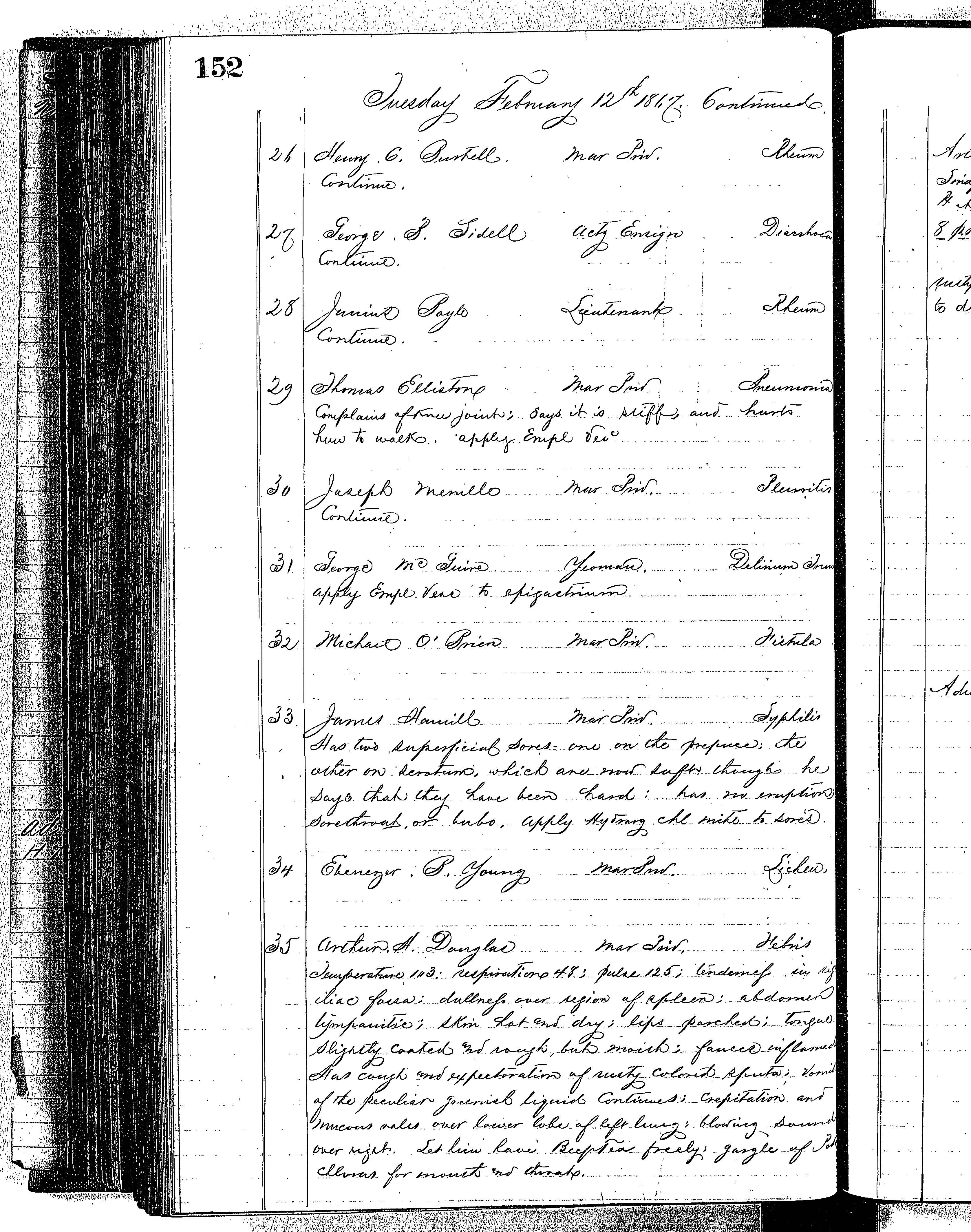 Patients in the Naval Hospital, Washington DC, on February 12, 1867 - Page 3 of 4, in the Medical Journal, October 1, 1866 to March 20, 1867