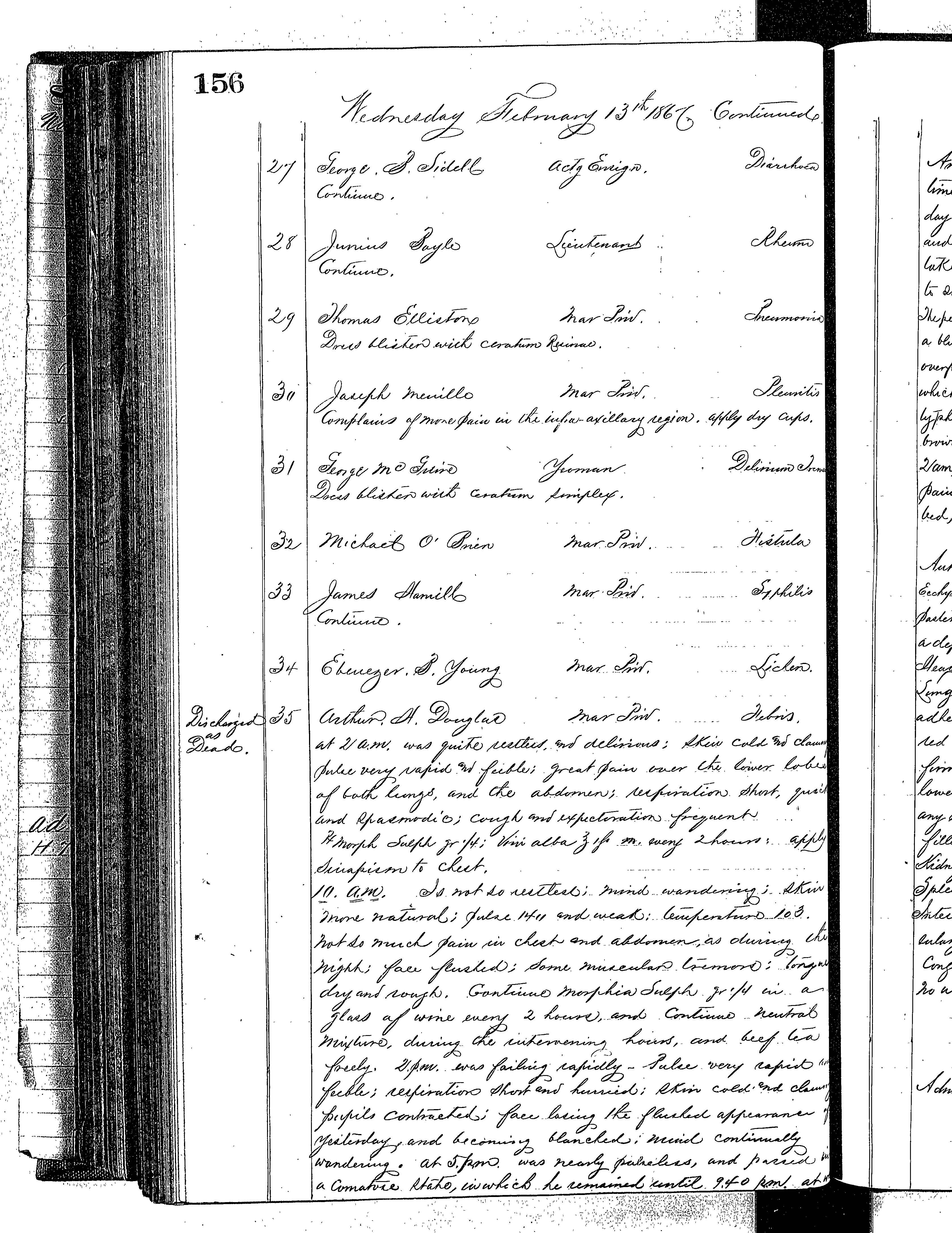 Patients in the Naval Hospital, Washington DC, on February 13, 1867 - Page 3 of 4, in the Medical Journal, October 1, 1866 to March 20, 1867