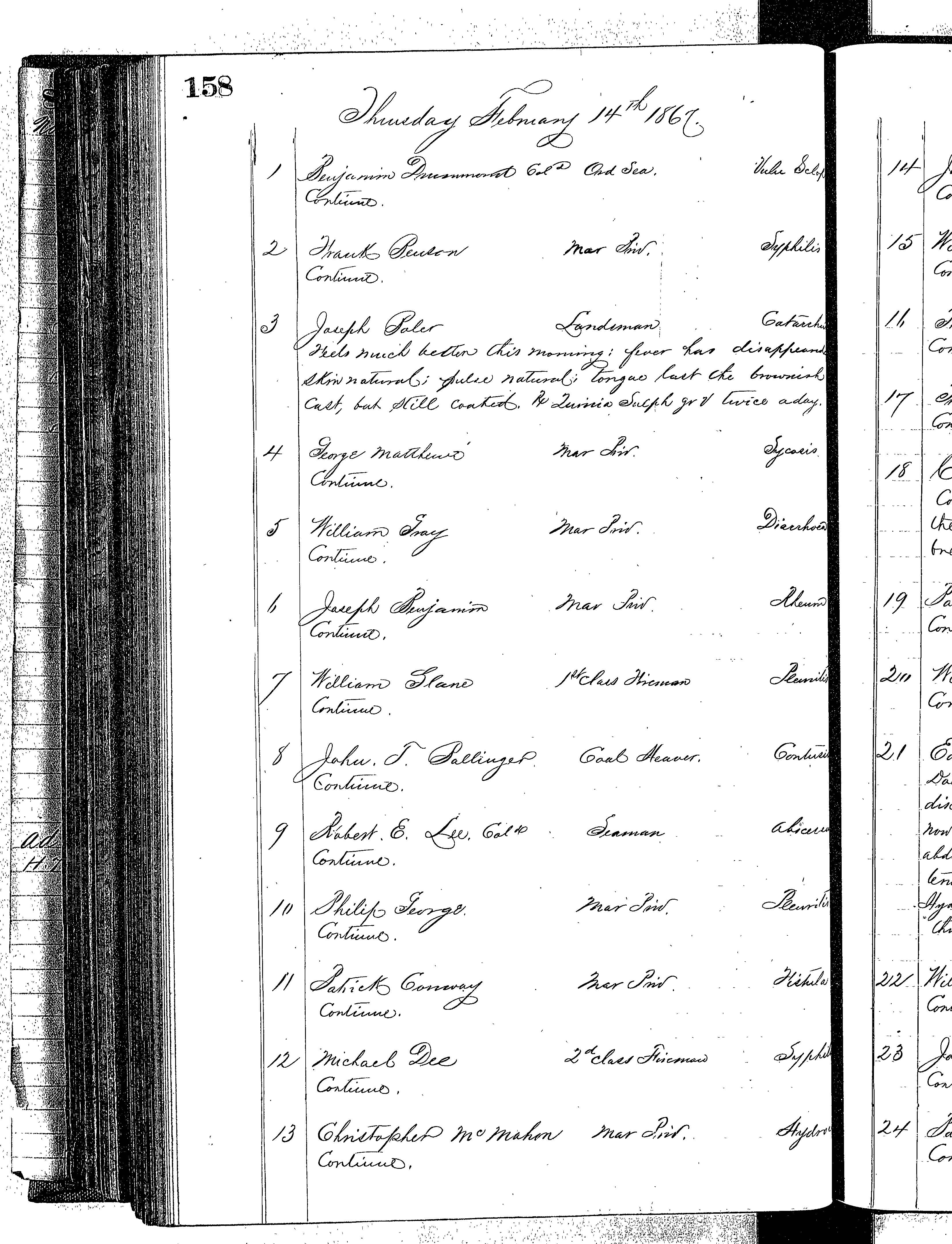 Patients in the Naval Hospital, Washington DC, on February 14, 1867 - Page 1 of 3, in the Medical Journal, October 1, 1866 to March 20, 1867