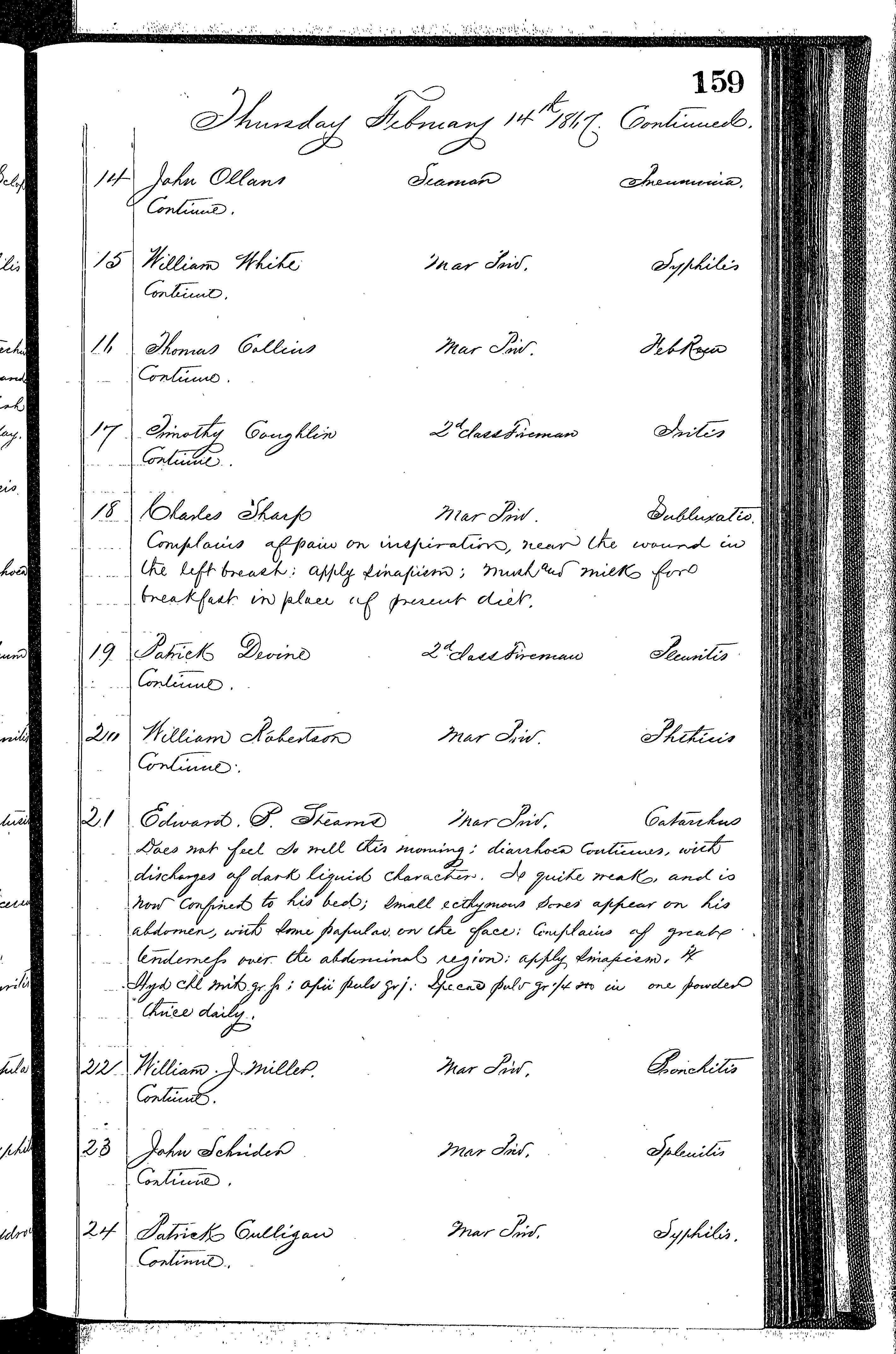 Patients in the Naval Hospital, Washington DC, on February 14, 1867 - Page 2 of 3, in the Medical Journal, October 1, 1866 to March 20, 1867