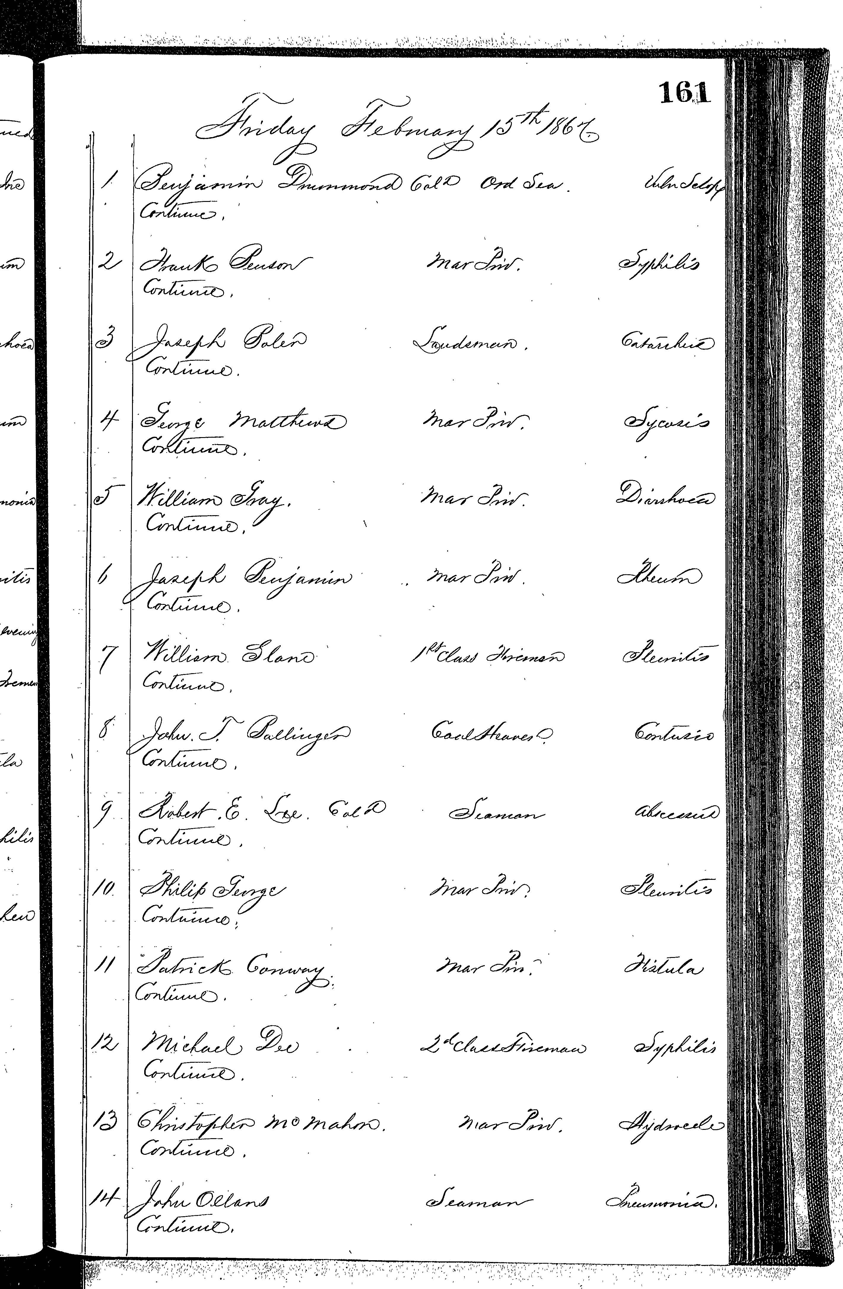 Patients in the Naval Hospital, Washington DC, on February 15, 1867 - Page 1 of 3, in the Medical Journal, October 1, 1866 to March 20, 1867