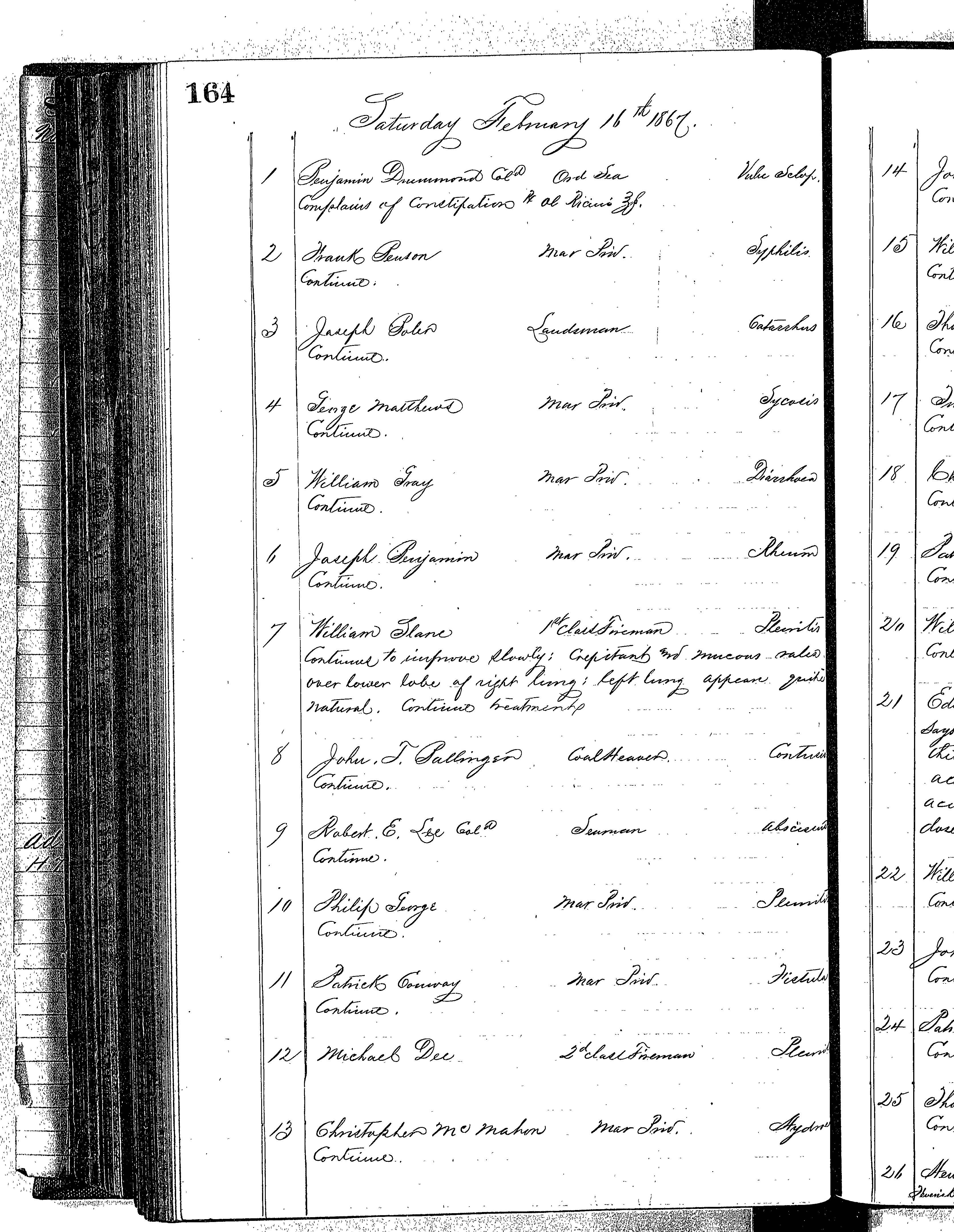 Patients in the Naval Hospital, Washington DC, on February 16, 1867 - Page 1 of 4, in the Medical Journal, October 1, 1866 to March 20, 1867