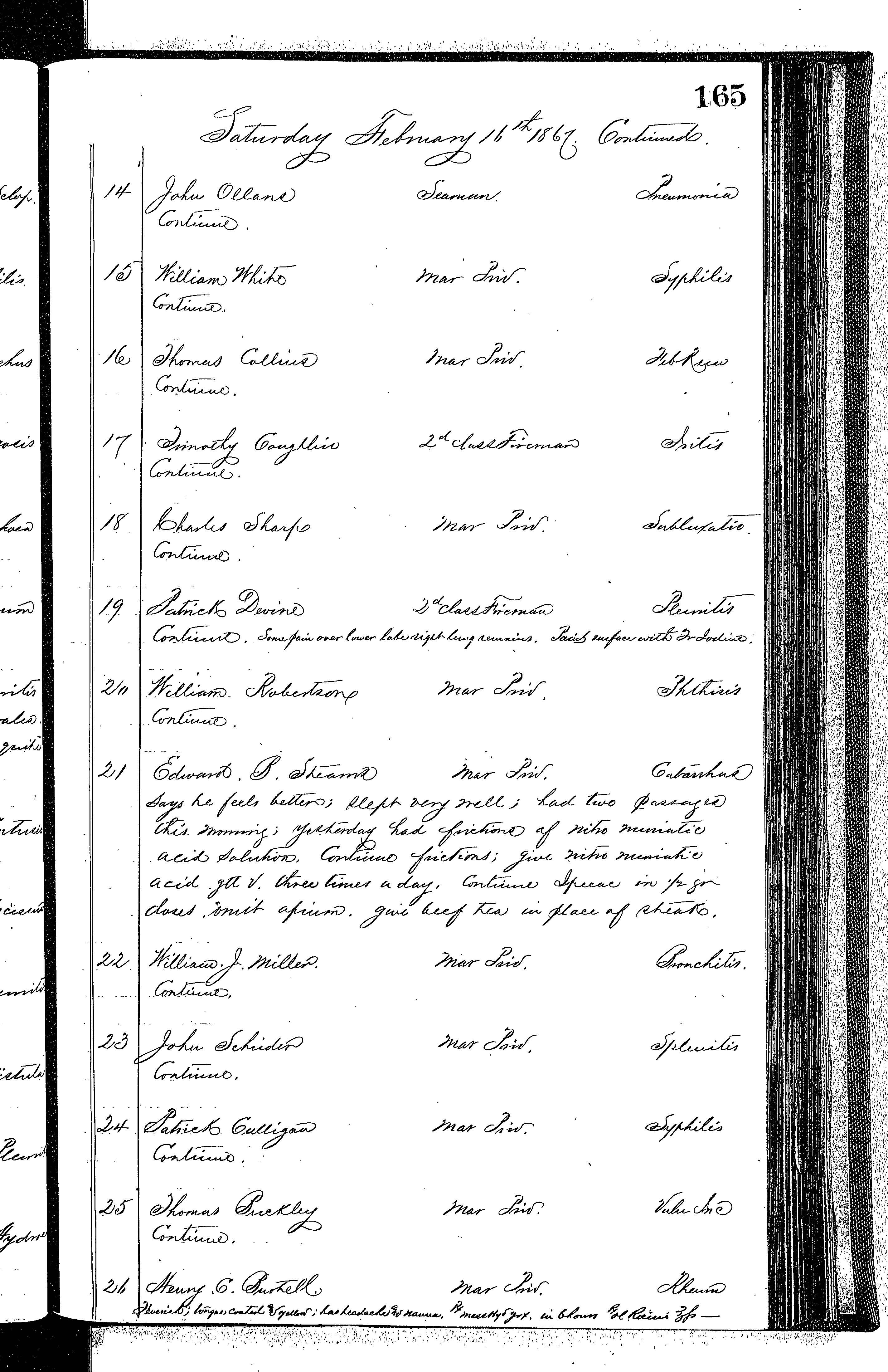 Patients in the Naval Hospital, Washington DC, on February 16, 1867 - Page 2 of 4, in the Medical Journal, October 1, 1866 to March 20, 1867