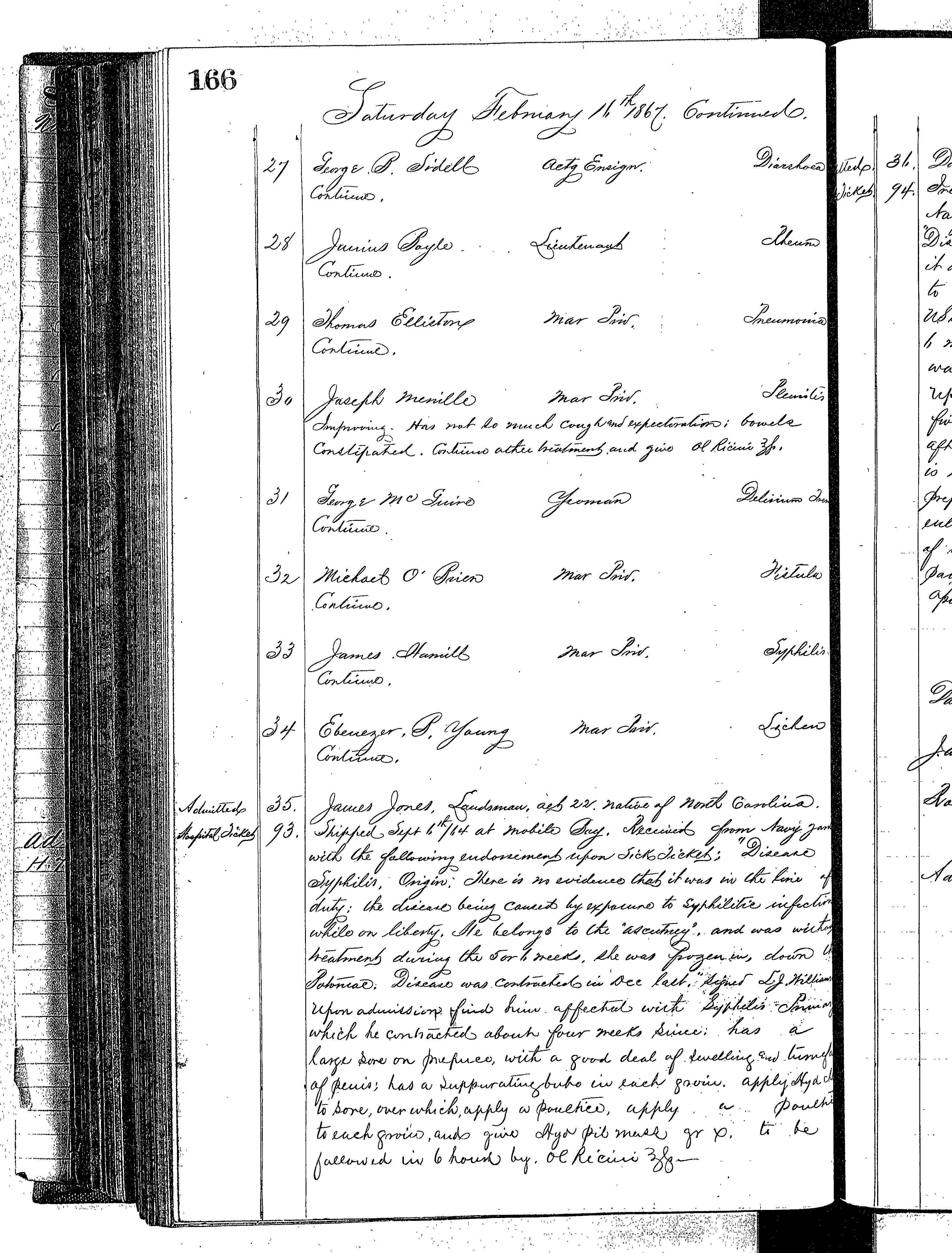 Patients in the Naval Hospital, Washington DC, on February 16, 1867 - Page 3 of 4, in the Medical Journal, October 1, 1866 to March 20, 1867