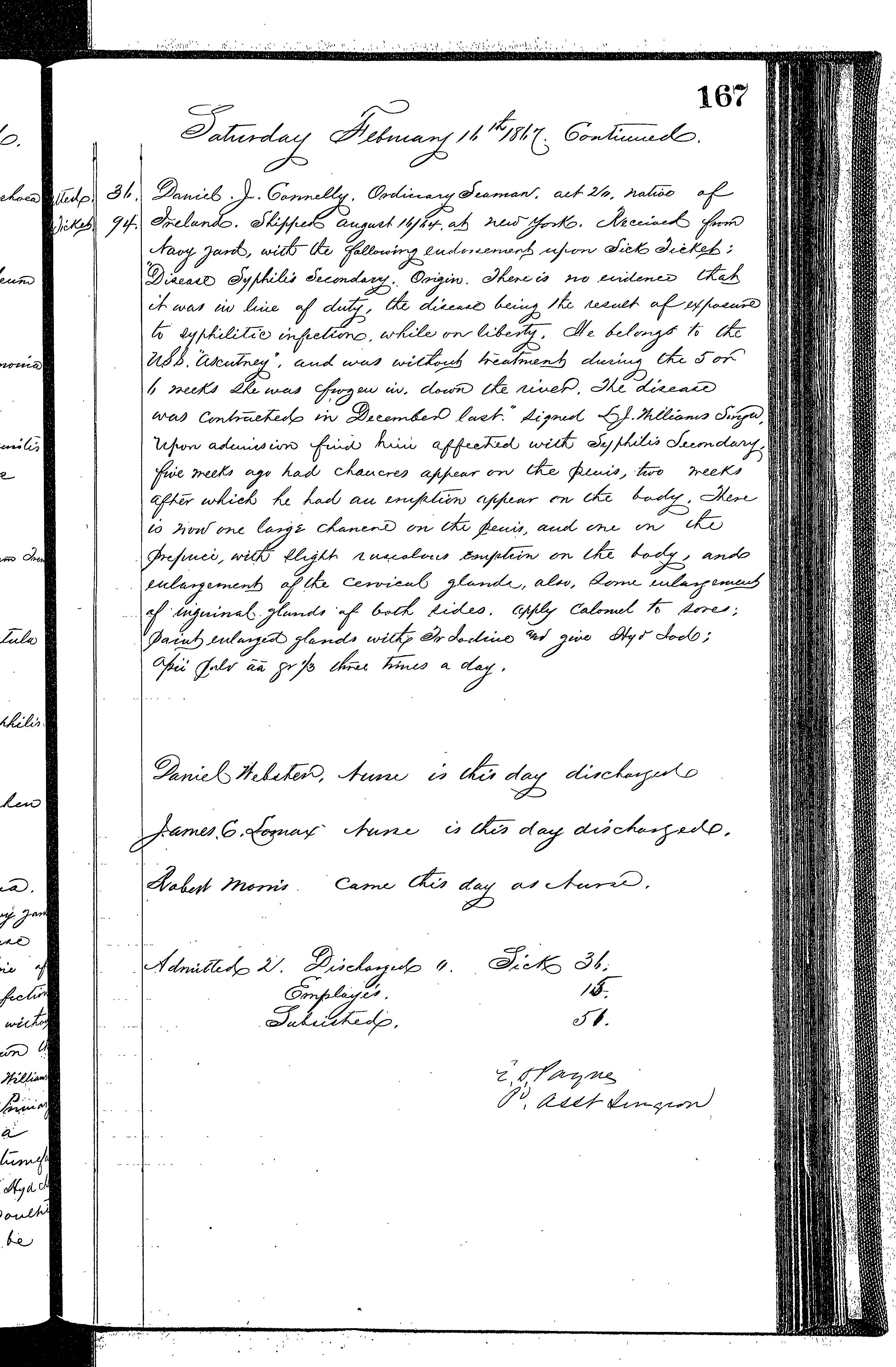 Patients in the Naval Hospital, Washington DC, on February 16, 1867 - Page 4 of 4, in the Medical Journal, October 1, 1866 to March 20, 1867