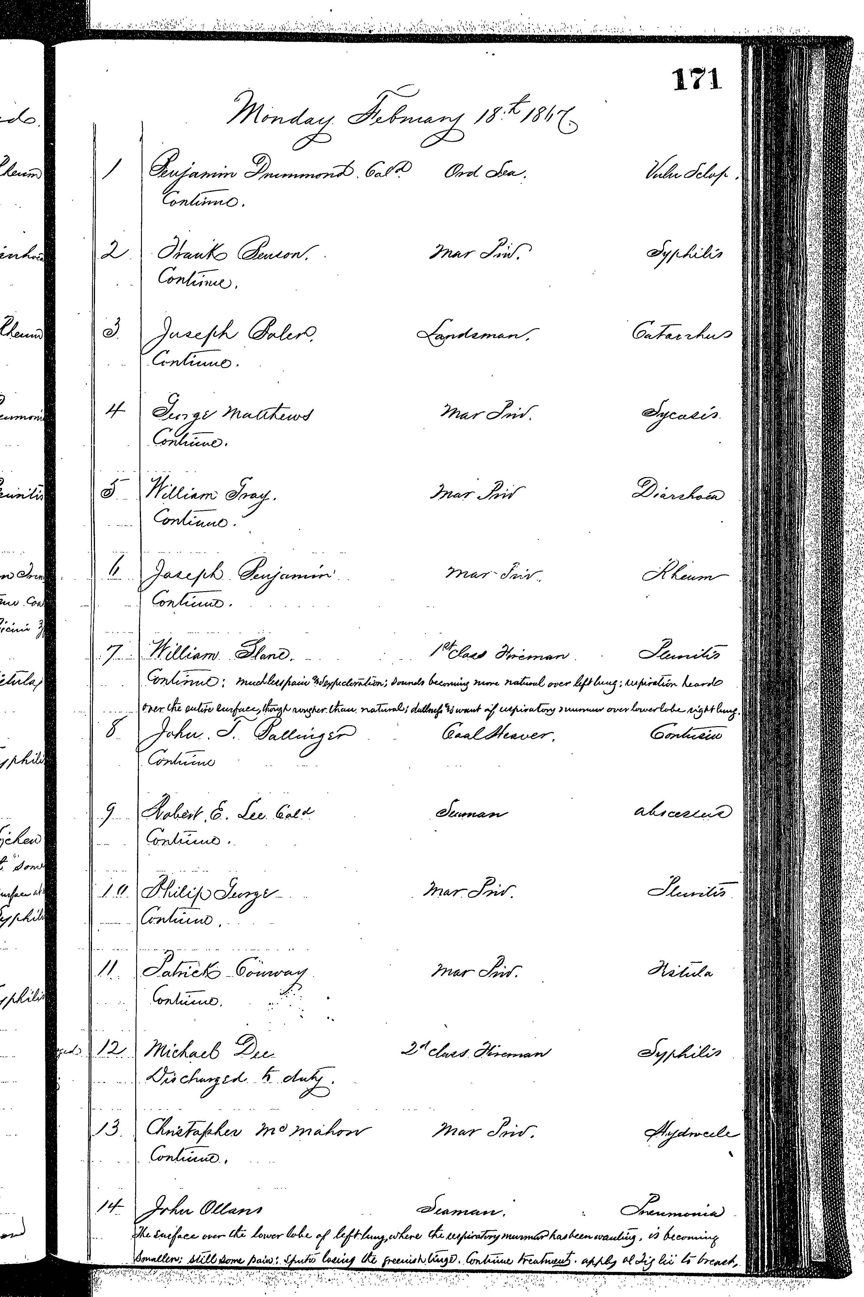 Patients in the Naval Hospital, Washington DC, on February 18, 1867 - Page 1 of 4, in the Medical Journal, October 1, 1866 to March 20, 1867