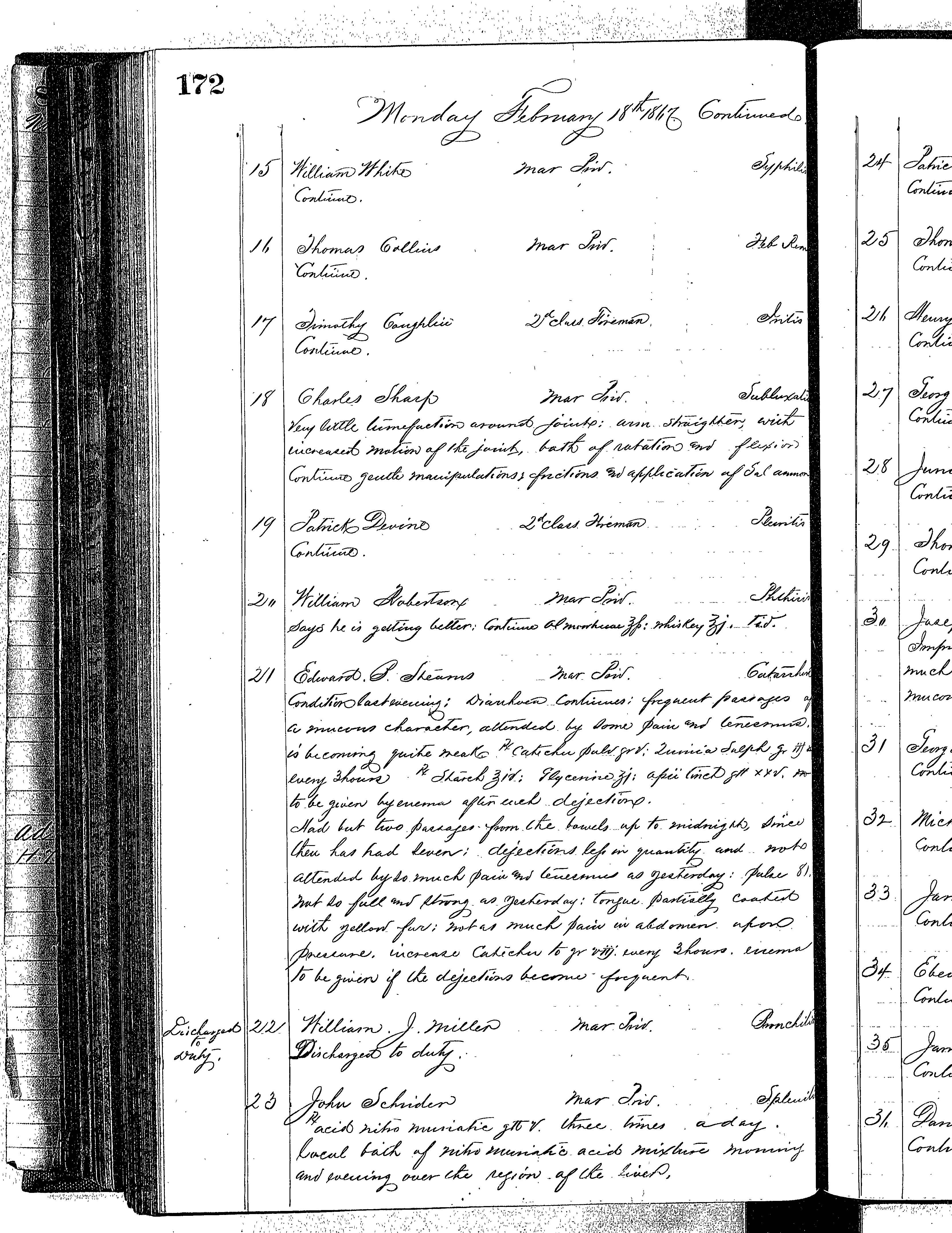 Patients in the Naval Hospital, Washington DC, on February 18, 1867 - Page 2 of 4, in the Medical Journal, October 1, 1866 to March 20, 1867