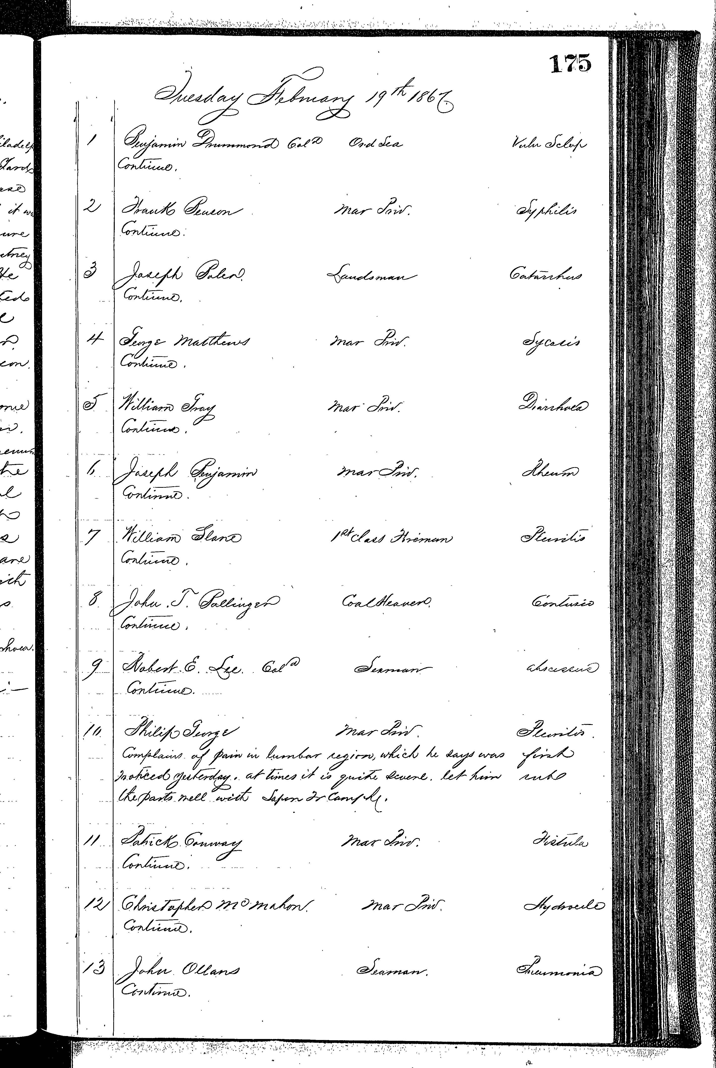 Patients in the Naval Hospital, Washington DC, on February 19, 1867 - Page 1 of 3, in the Medical Journal, October 1, 1866 to March 20, 1867