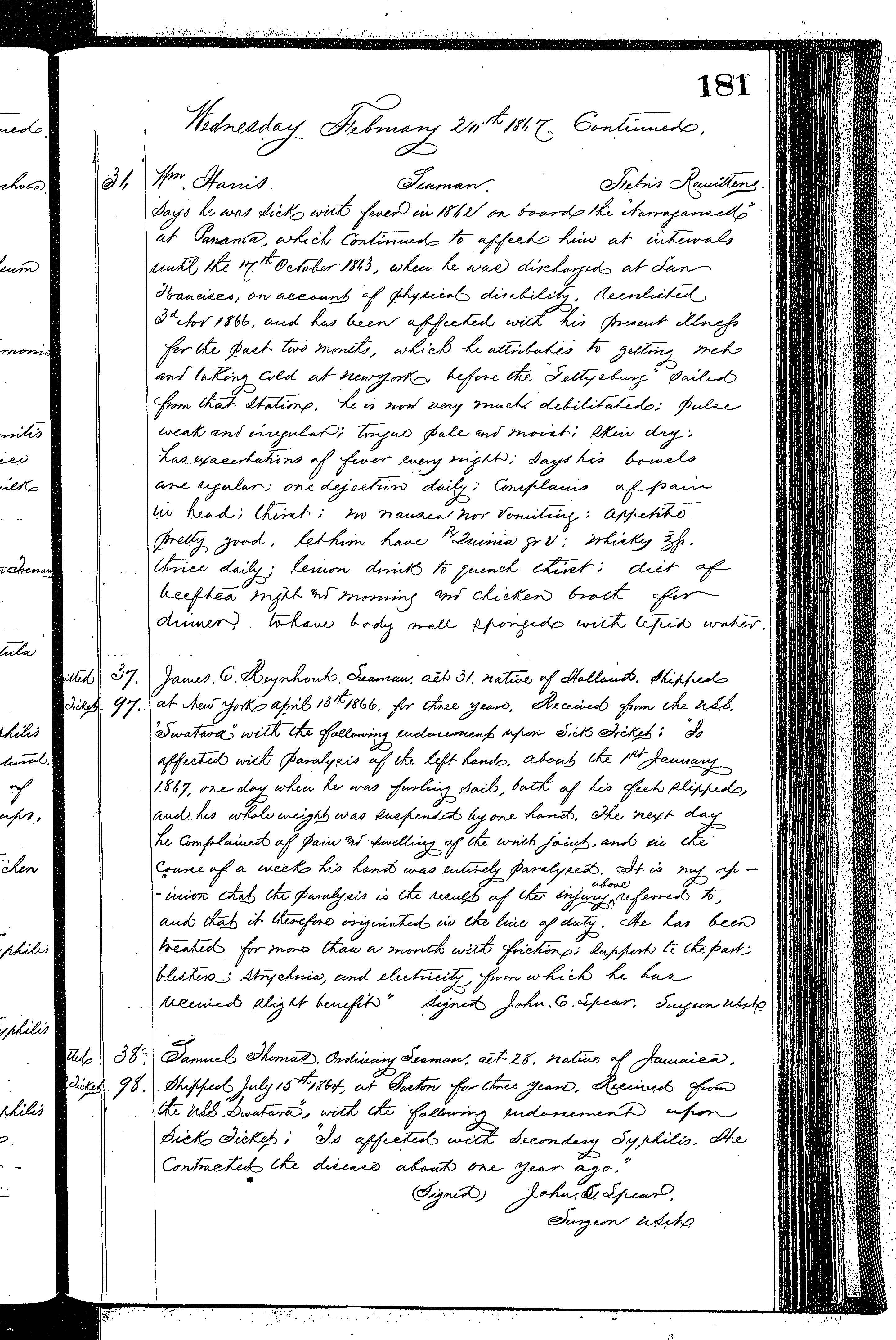 Patients in the Naval Hospital, Washington DC, on February 20, 1867 - Page 4 of 5, in the Medical Journal, October 1, 1866 to March 20, 1867