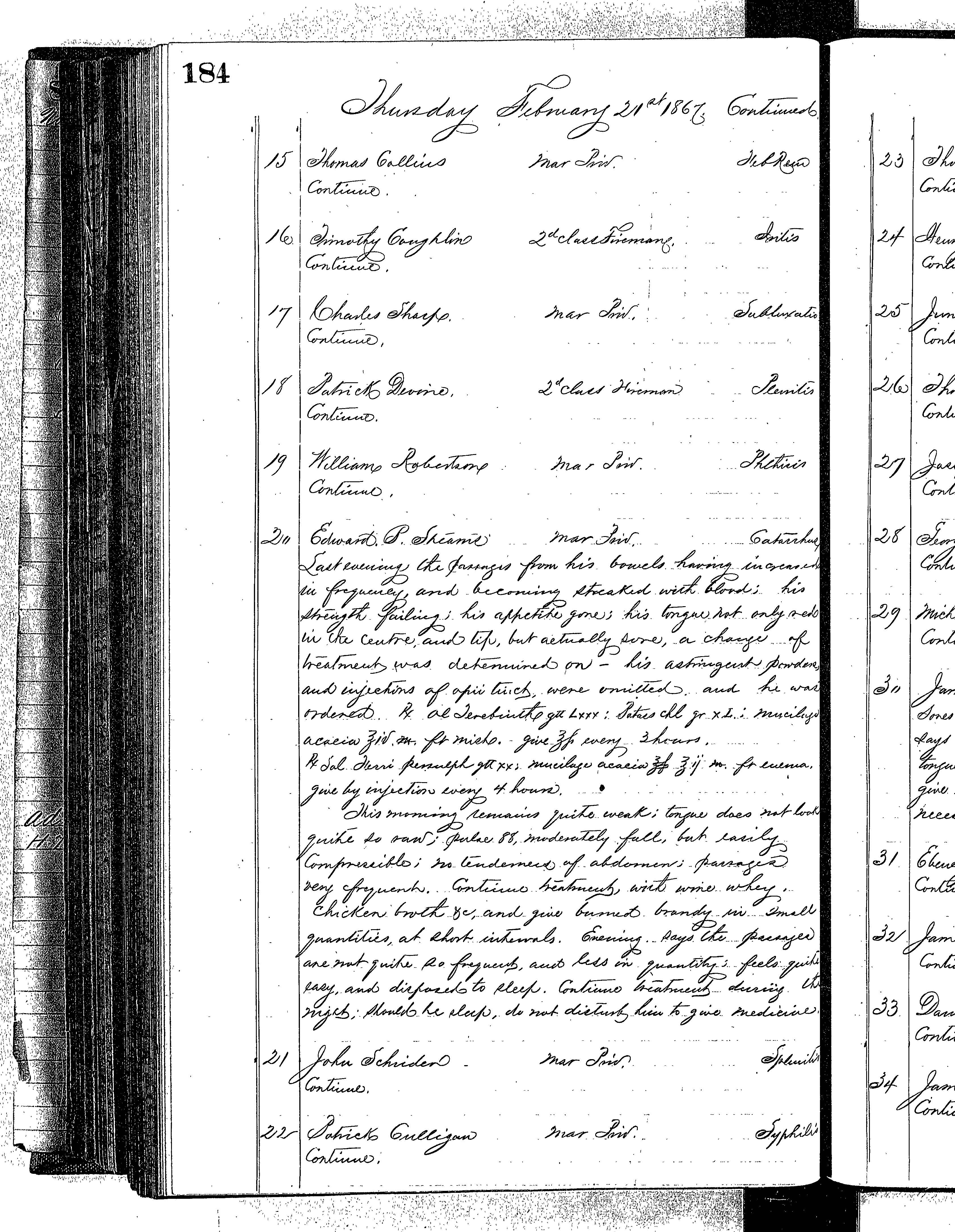 Patients in the Naval Hospital, Washington DC, on February 21, 1867 - Page 2 of 4, in the Medical Journal, October 1, 1866 to March 20, 1867