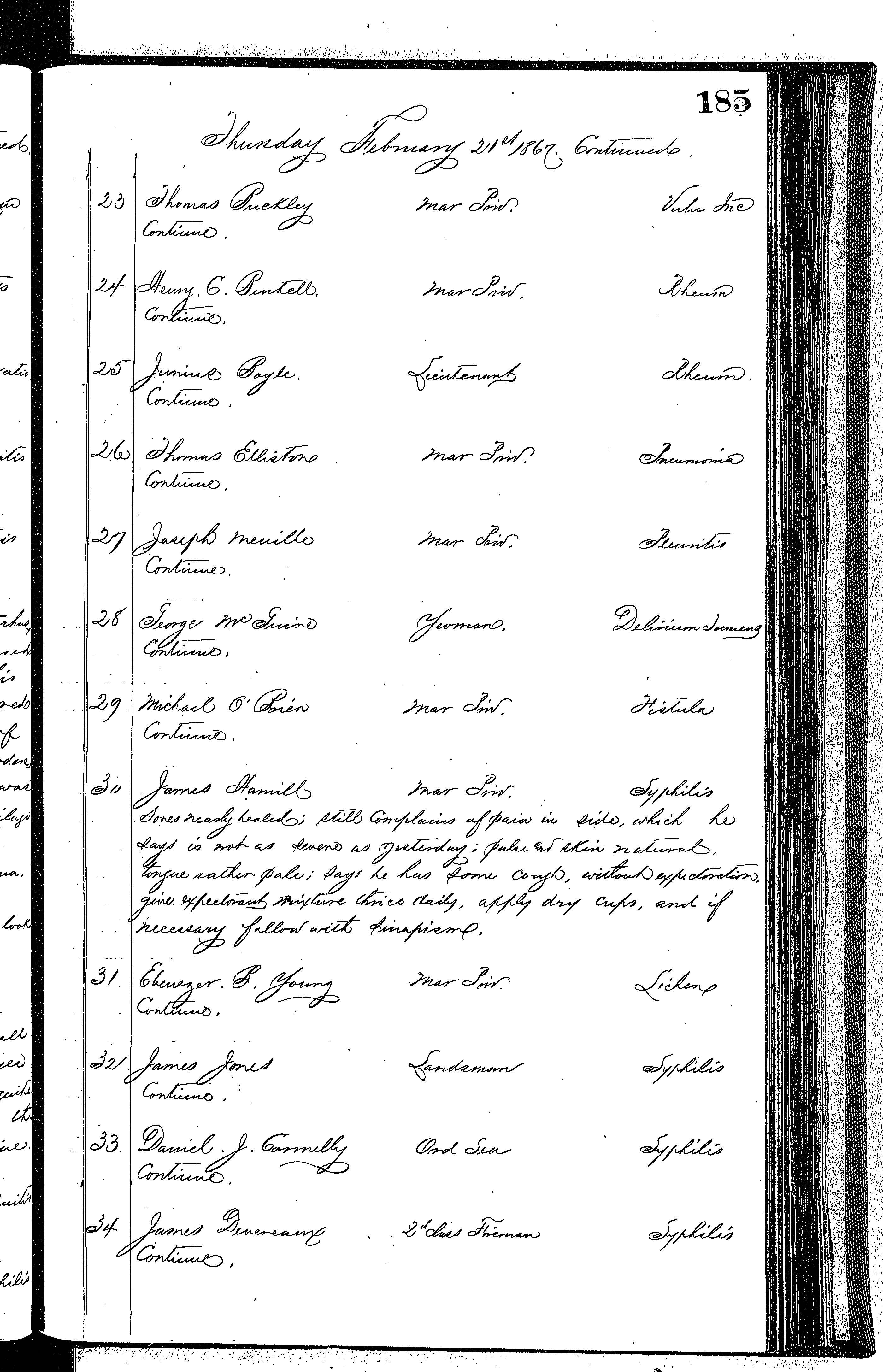 Patients in the Naval Hospital, Washington DC, on February 21, 1867 - Page 3 of 4, in the Medical Journal, October 1, 1866 to March 20, 1867