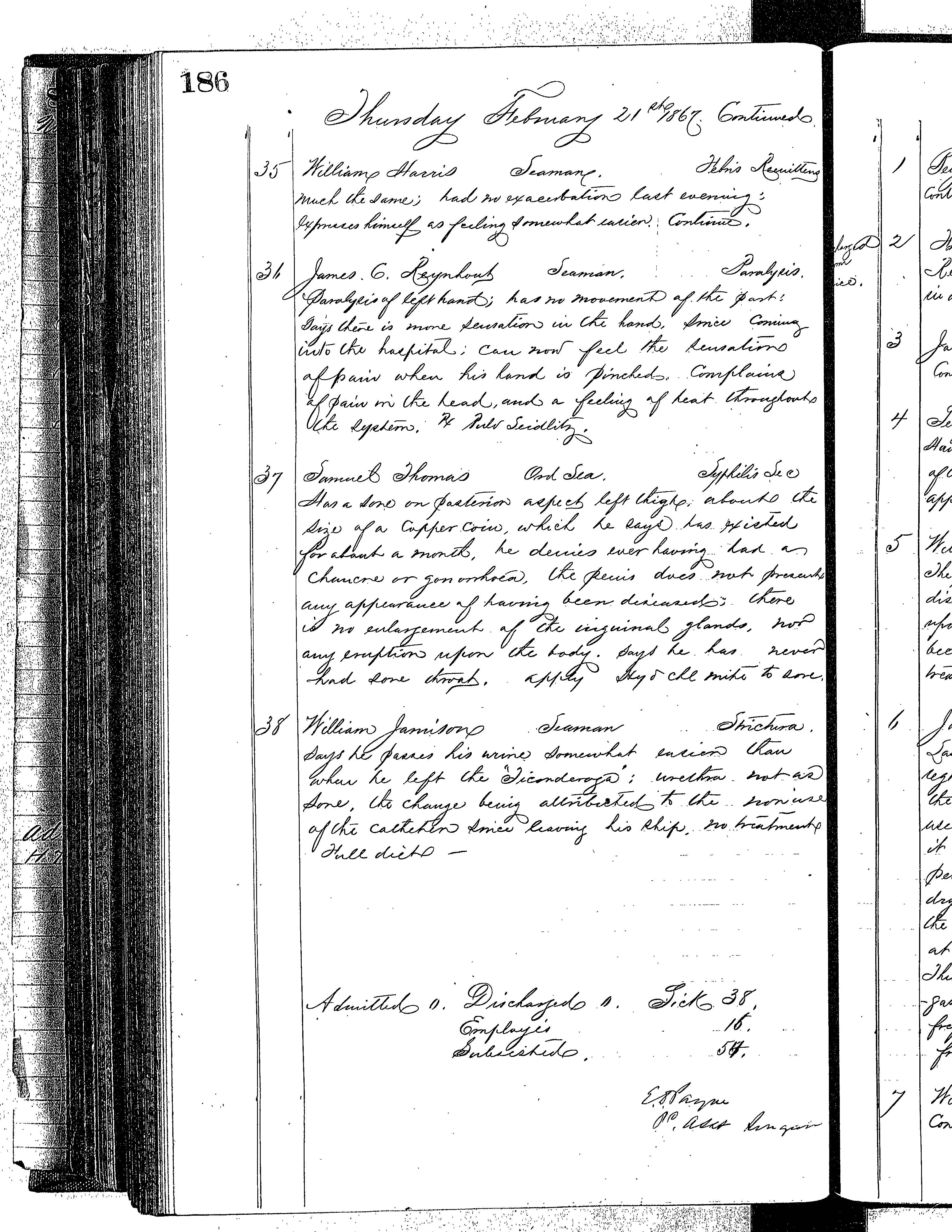 Patients in the Naval Hospital, Washington DC, on February 21, 1867 - Page 4 of 4, in the Medical Journal, October 1, 1866 to March 20, 1867