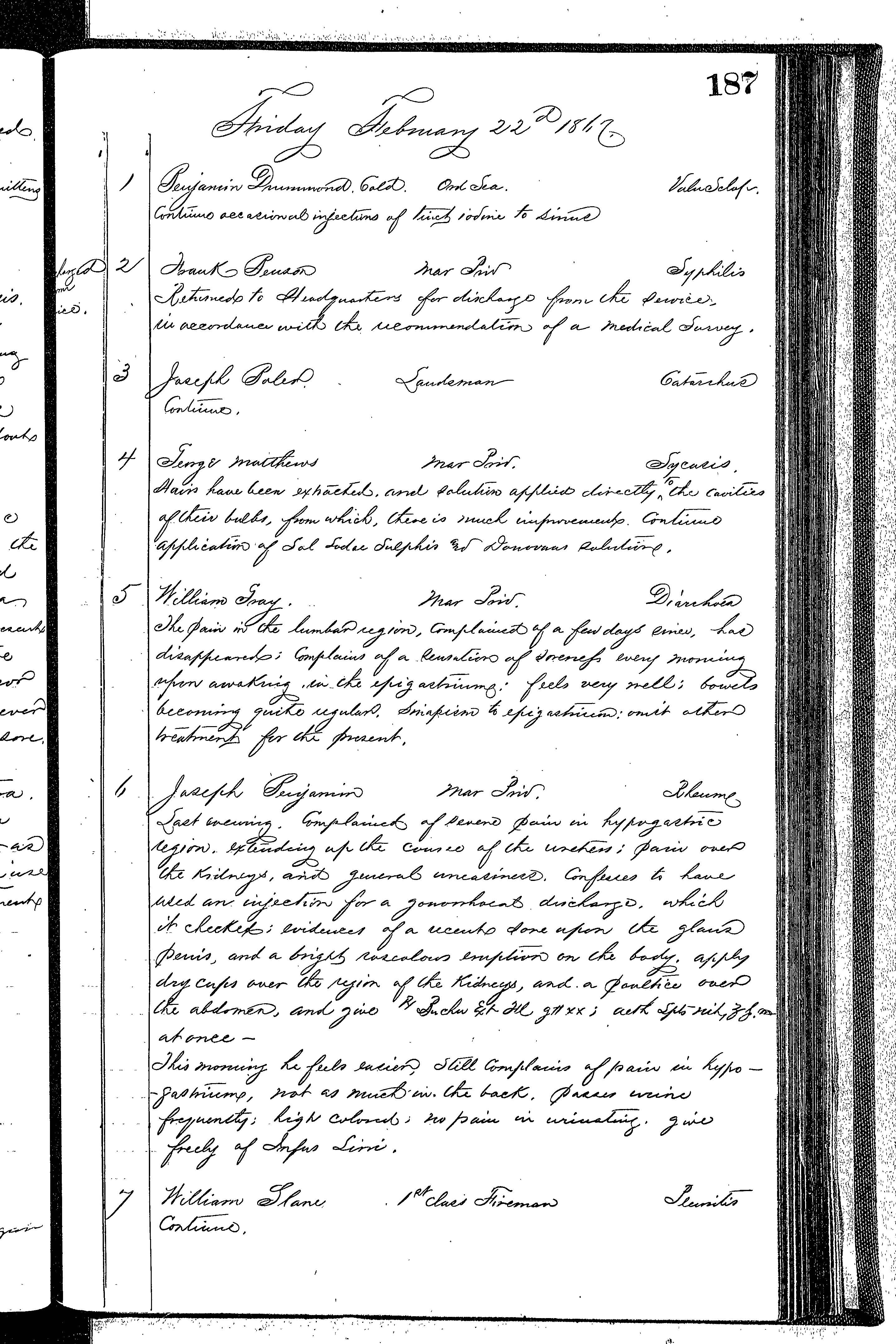 Patients in the Naval Hospital, Washington DC, on February 22, 1867 - Page 1 of 5, in the Medical Journal, October 1, 1866 to March 20, 1867