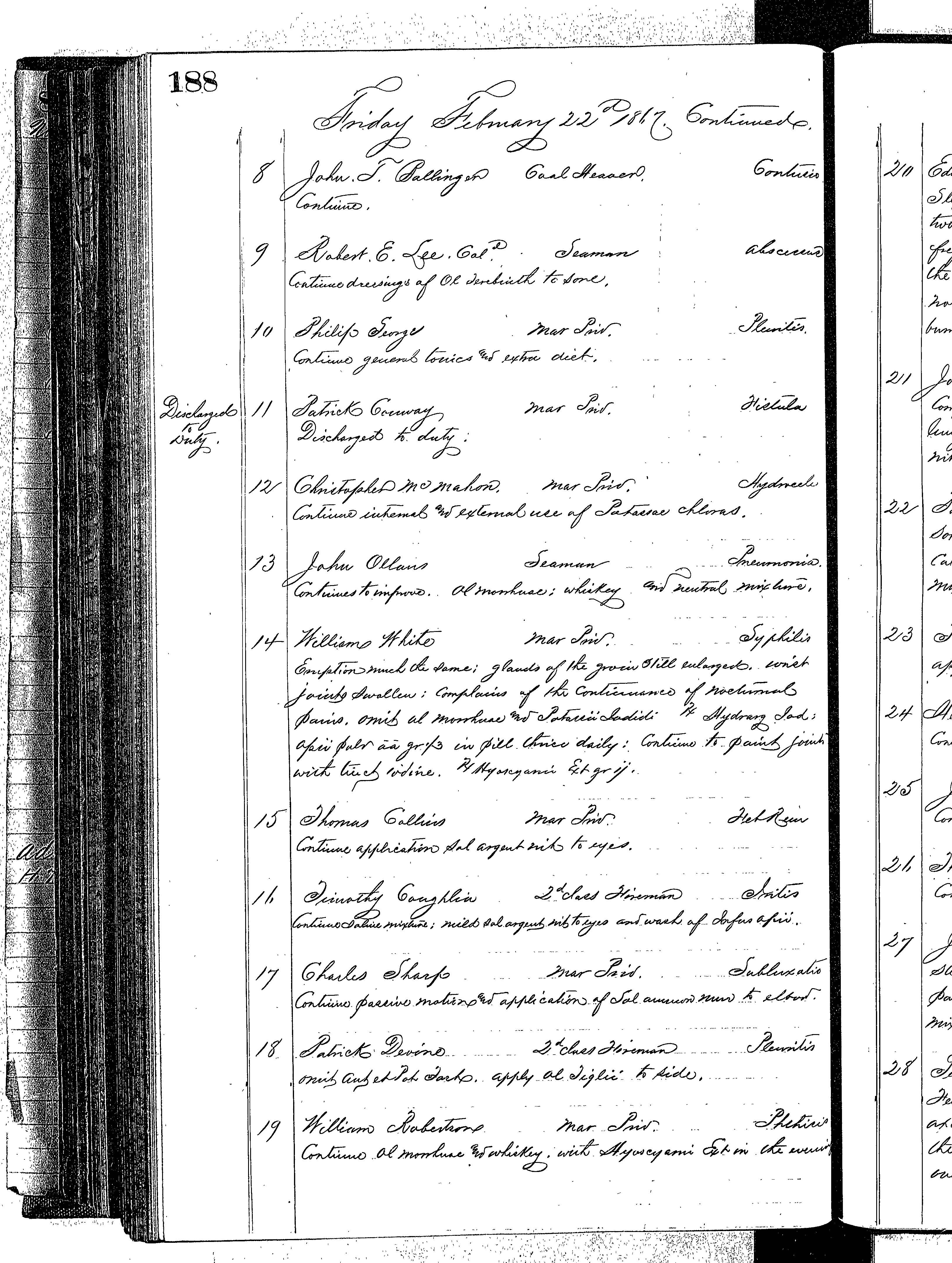 Patients in the Naval Hospital, Washington DC, on February 22, 1867 - Page 2 of 5, in the Medical Journal, October 1, 1866 to March 20, 1867