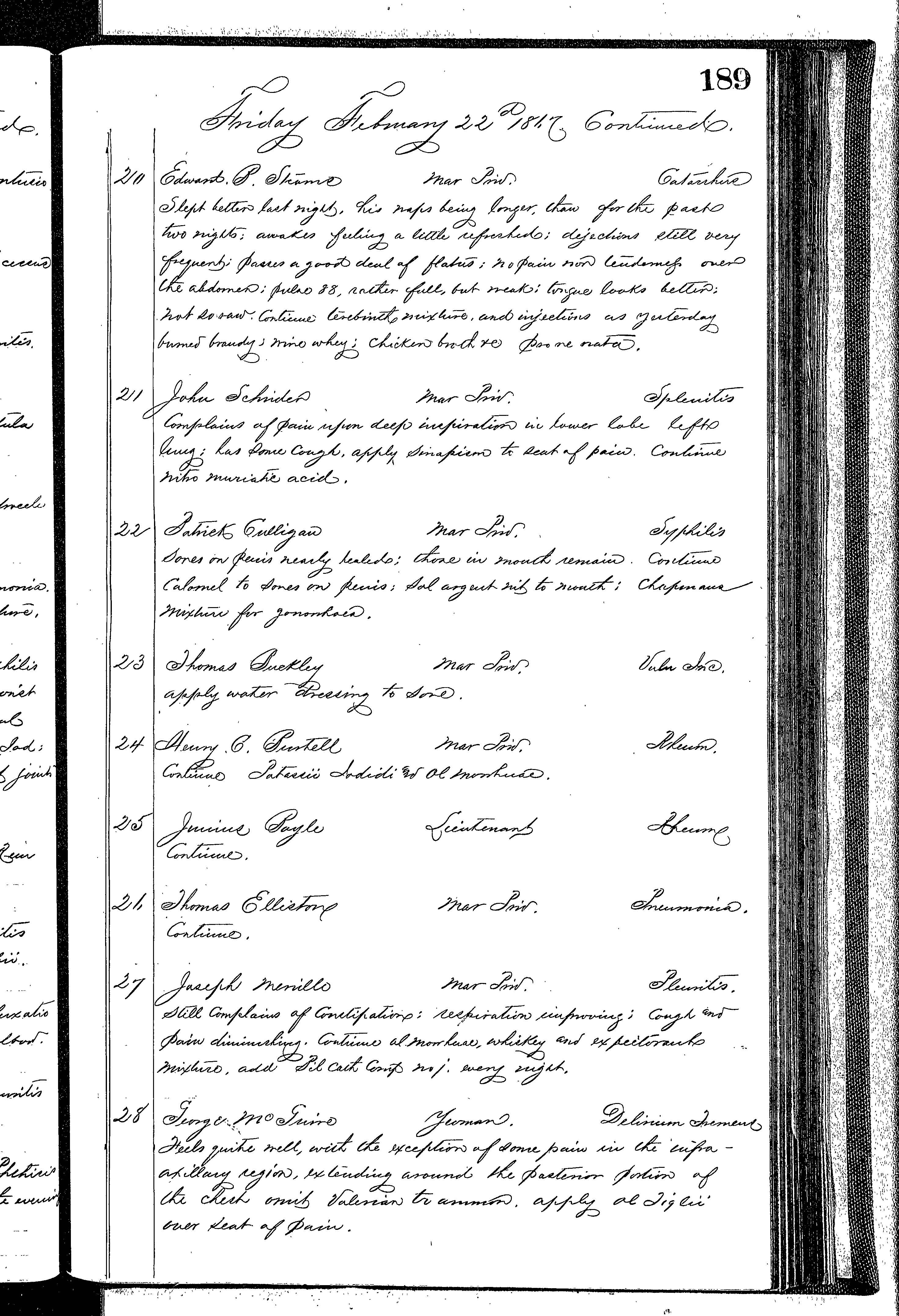 Patients in the Naval Hospital, Washington DC, on February 22, 1867 - Page 3 of 5, in the Medical Journal, October 1, 1866 to March 20, 1867