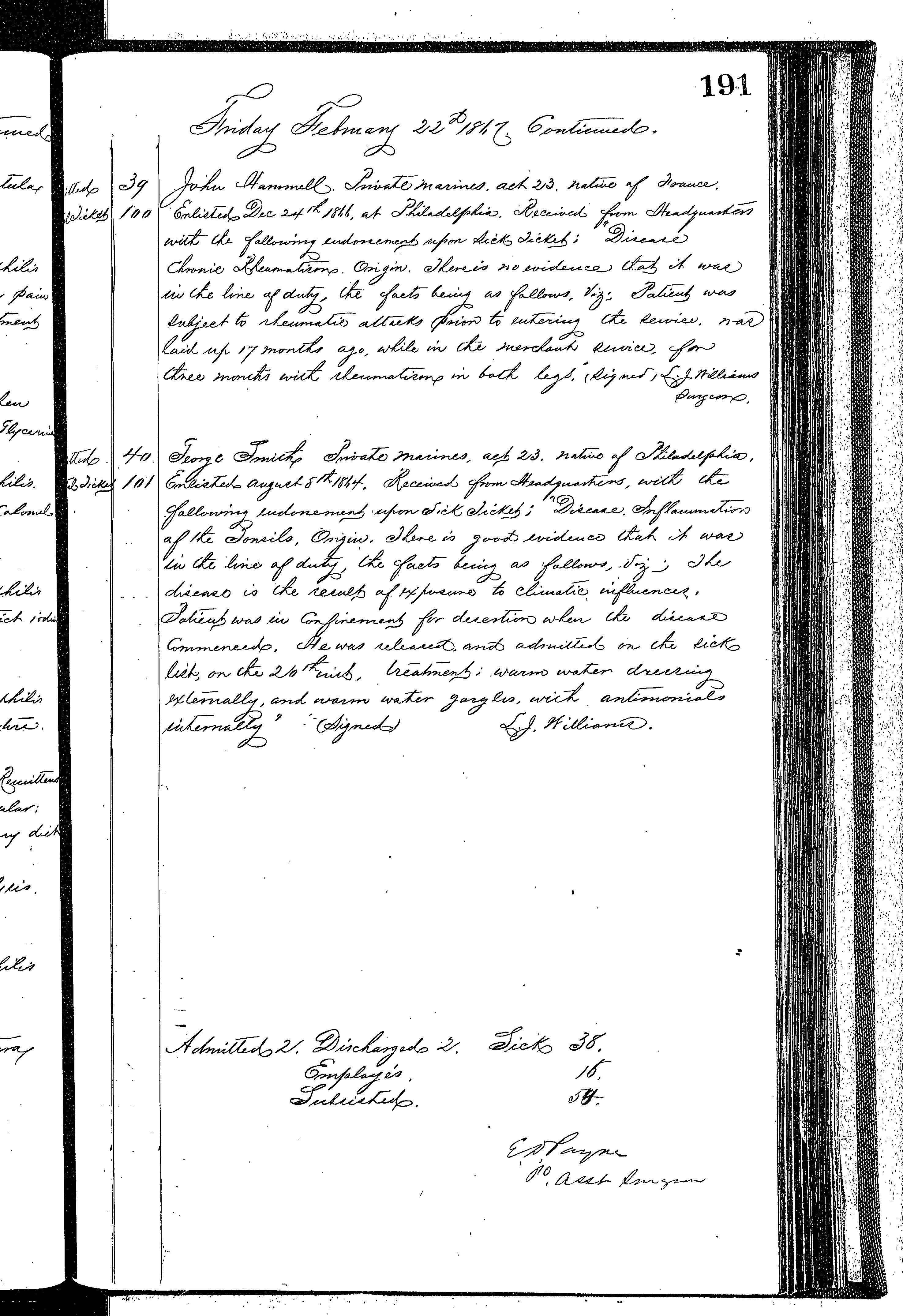 Patients in the Naval Hospital, Washington DC, on February 22, 1867 - Page 5 of 5, in the Medical Journal, October 1, 1866 to March 20, 1867