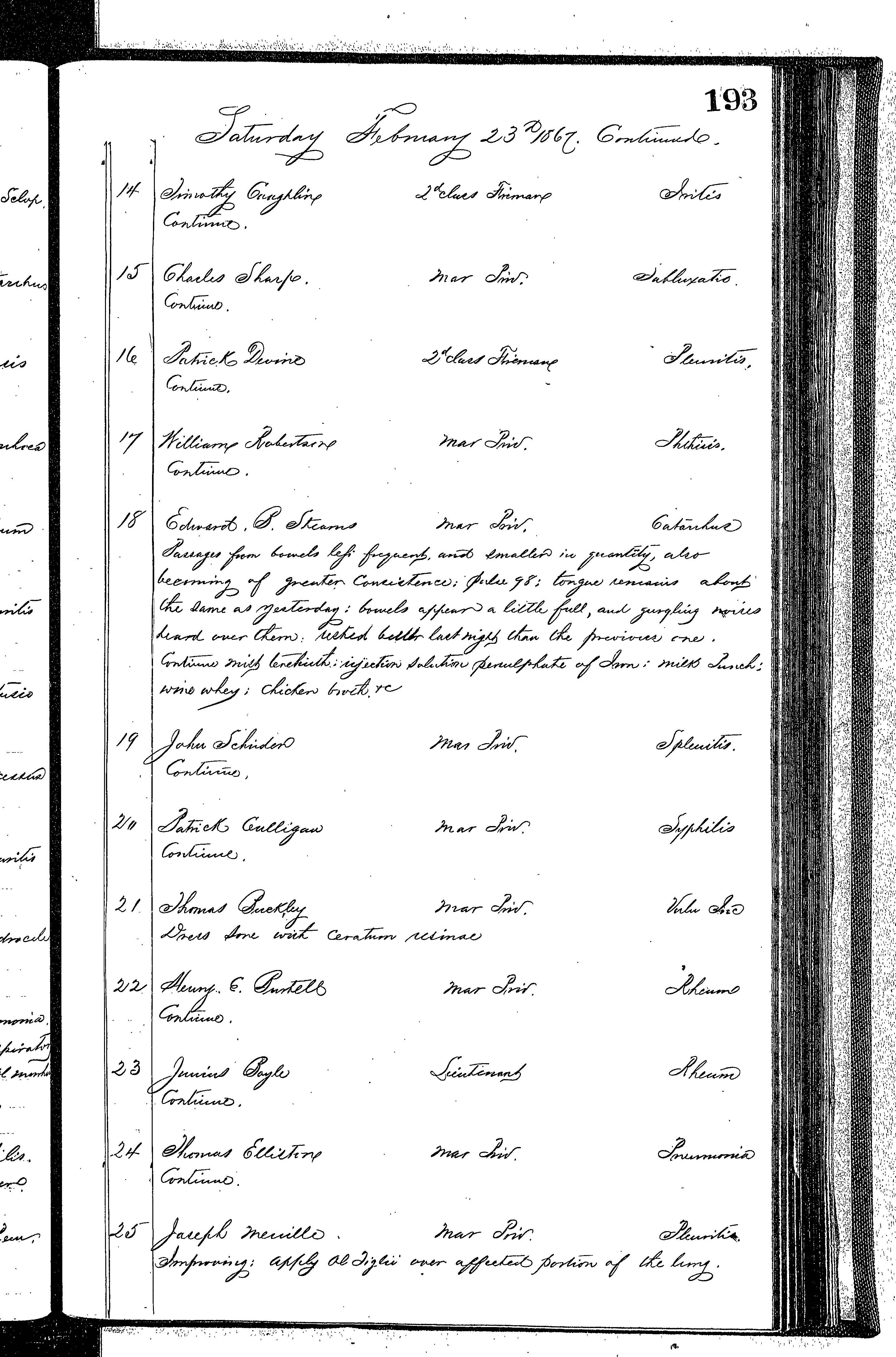 Patients in the Naval Hospital, Washington DC, on February 23, 1867 - Page 2 of 4, in the Medical Journal, October 1, 1866 to March 20, 1867