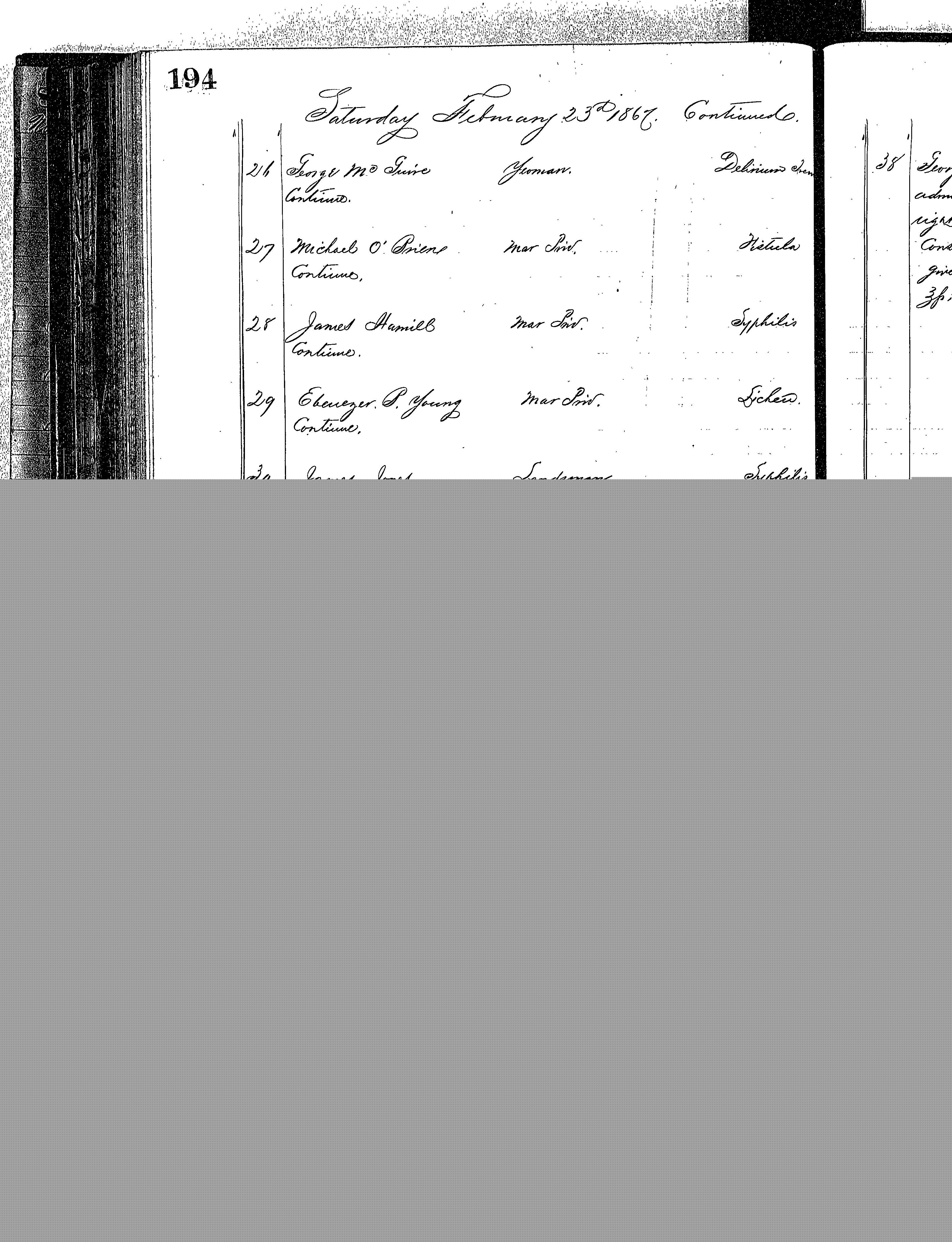 Patients in the Naval Hospital, Washington DC, on February 23, 1867 - Page 3 of 4, in the Medical Journal, October 1, 1866 to March 20, 1867