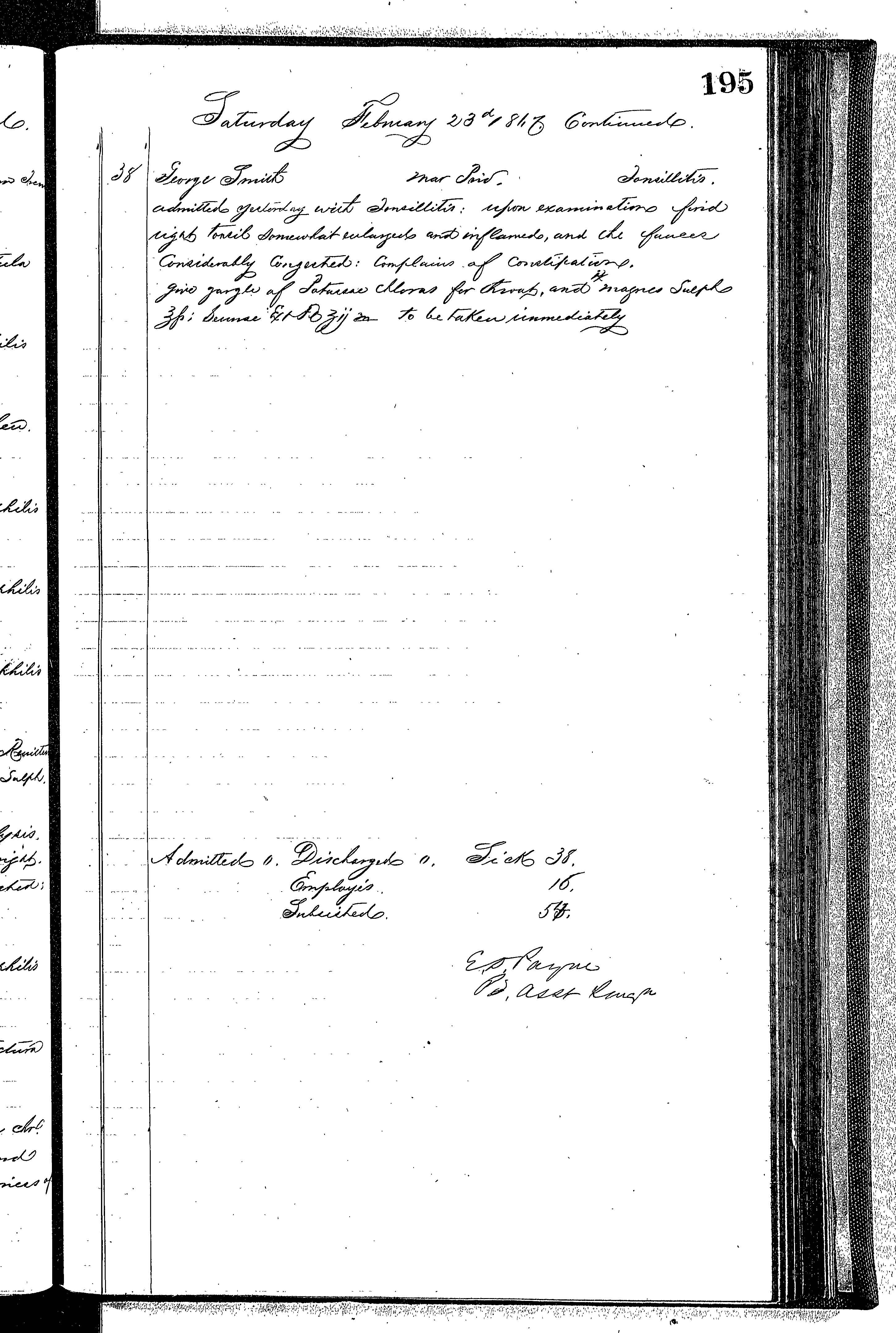 Patients in the Naval Hospital, Washington DC, on February 23, 1867 - Page 4 of 4, in the Medical Journal, October 1, 1866 to March 20, 1867