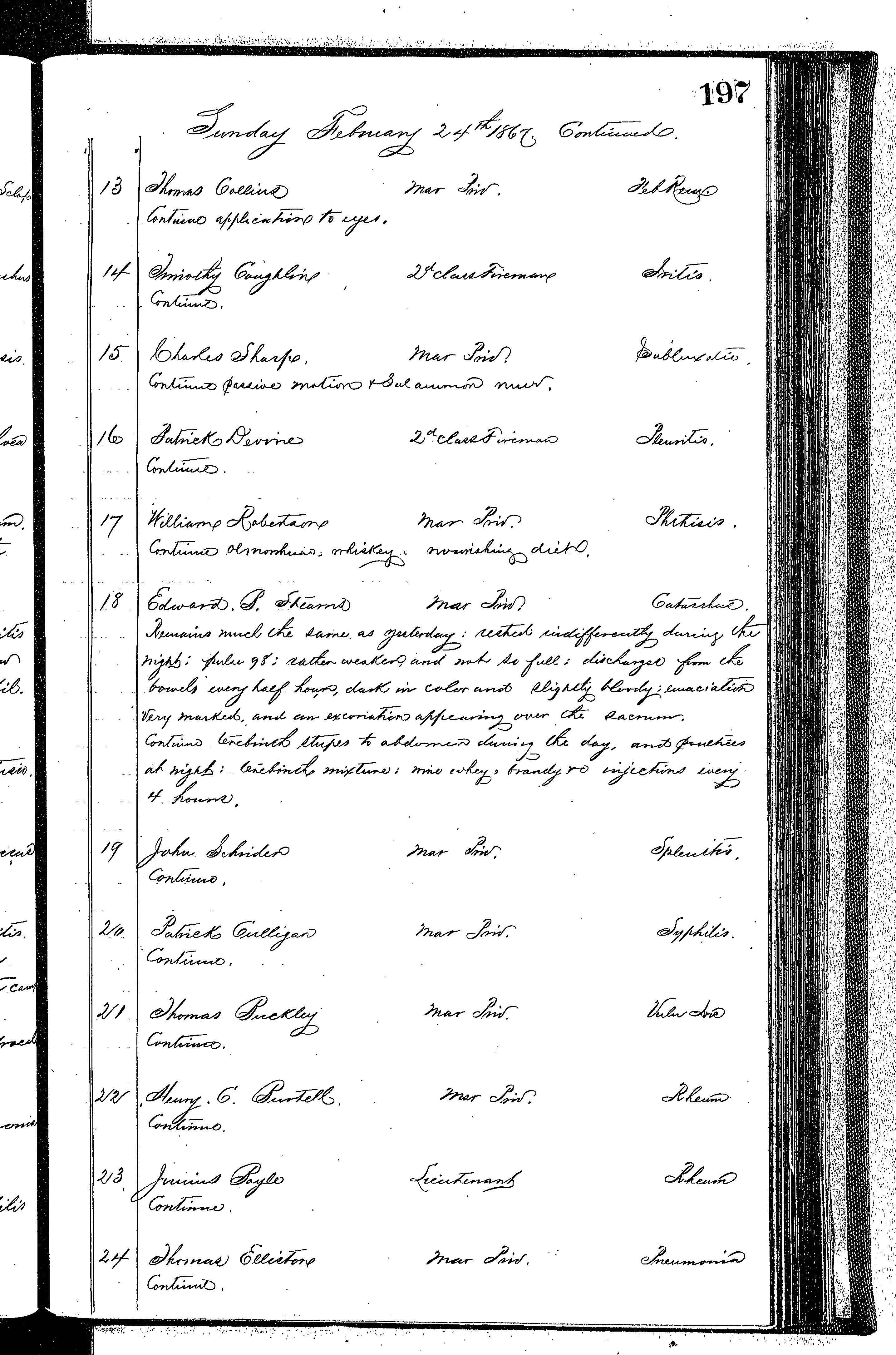 Patients in the Naval Hospital, Washington DC, on February 24, 1867 - Page 2 of 4, in the Medical Journal, October 1, 1866 to March 20, 1867