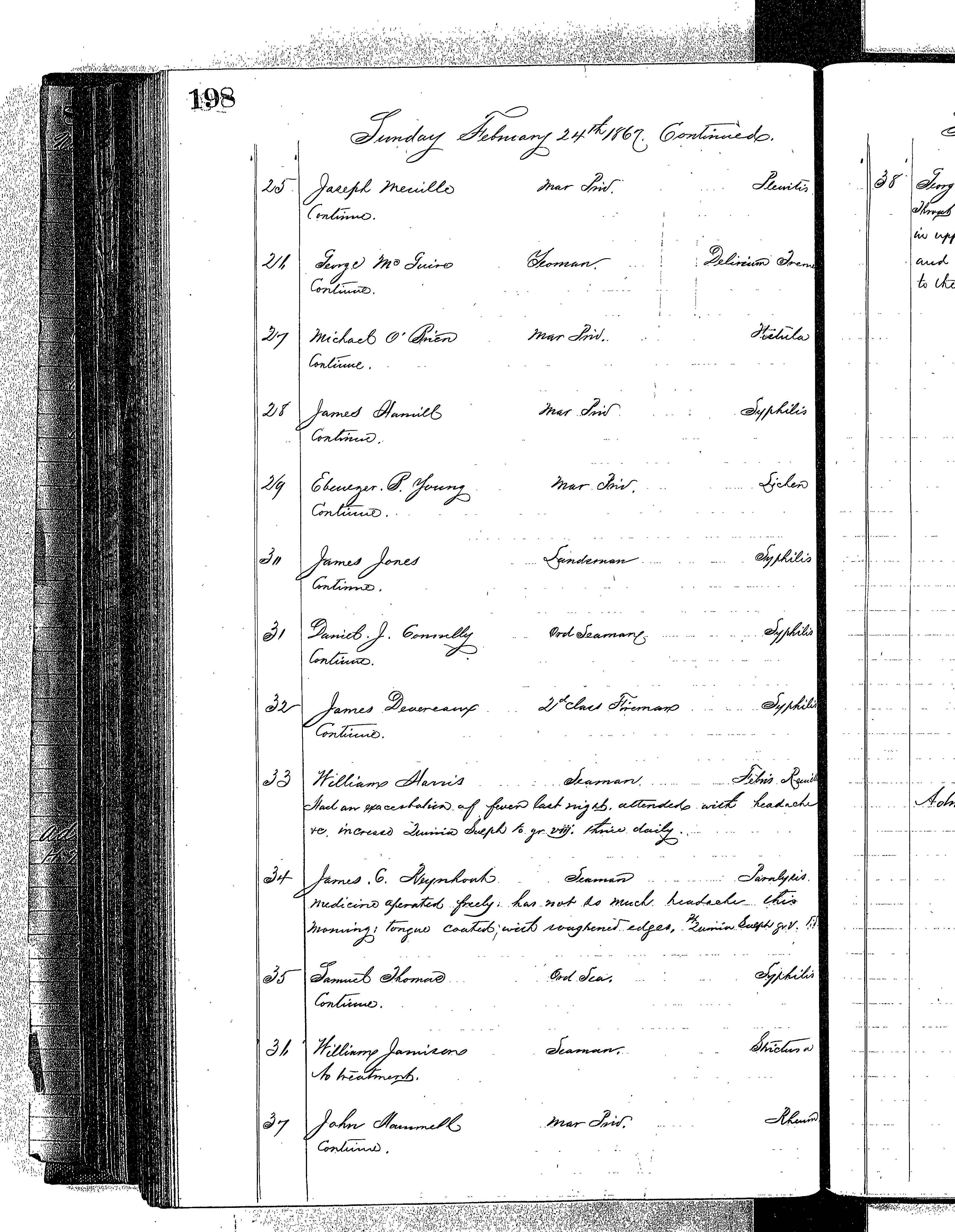 Patients in the Naval Hospital, Washington DC, on February 24, 1867 - Page 3 of 4, in the Medical Journal, October 1, 1866 to March 20, 1867