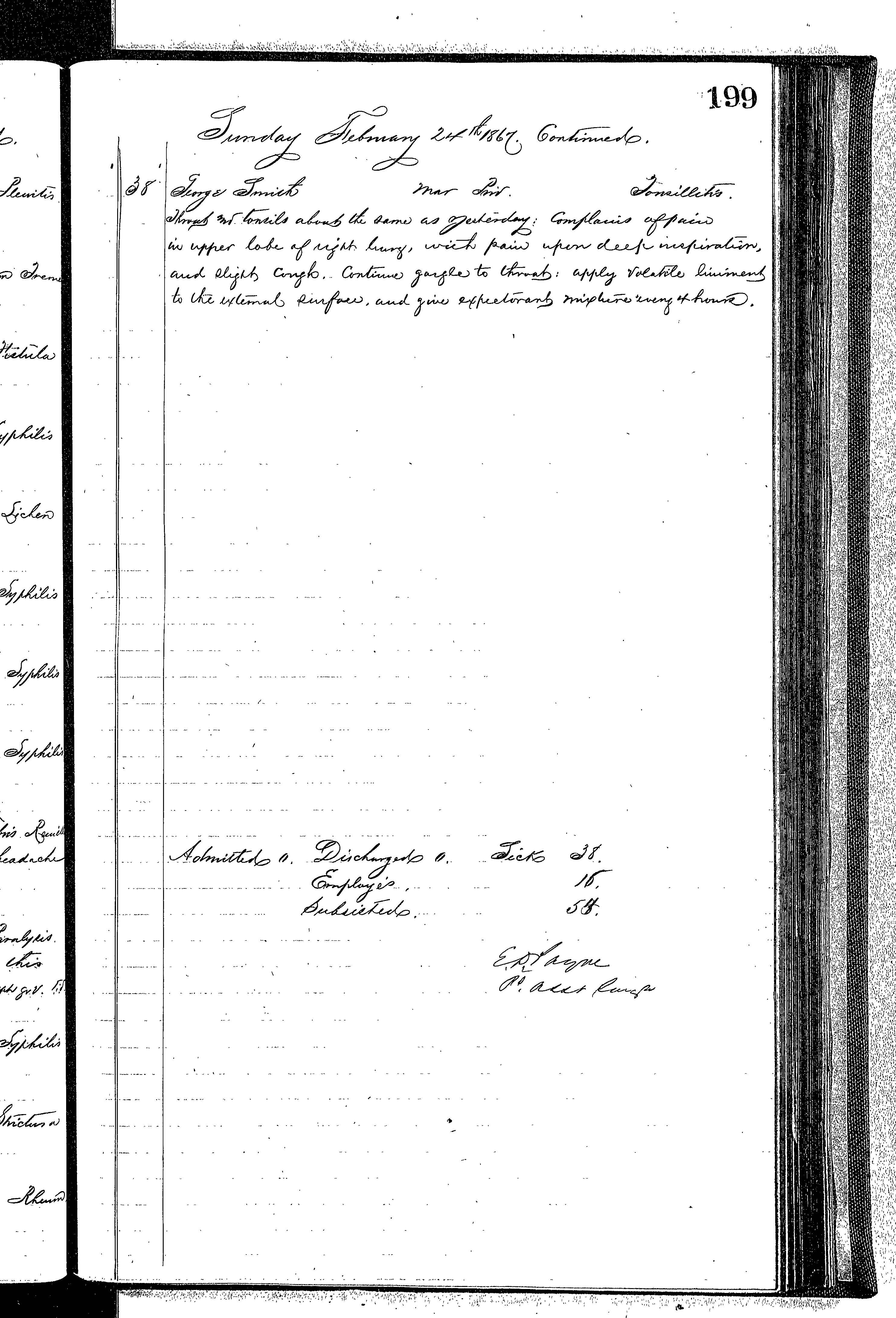 Patients in the Naval Hospital, Washington DC, on February 24, 1867 - Page 4 of 4, in the Medical Journal, October 1, 1866 to March 20, 1867