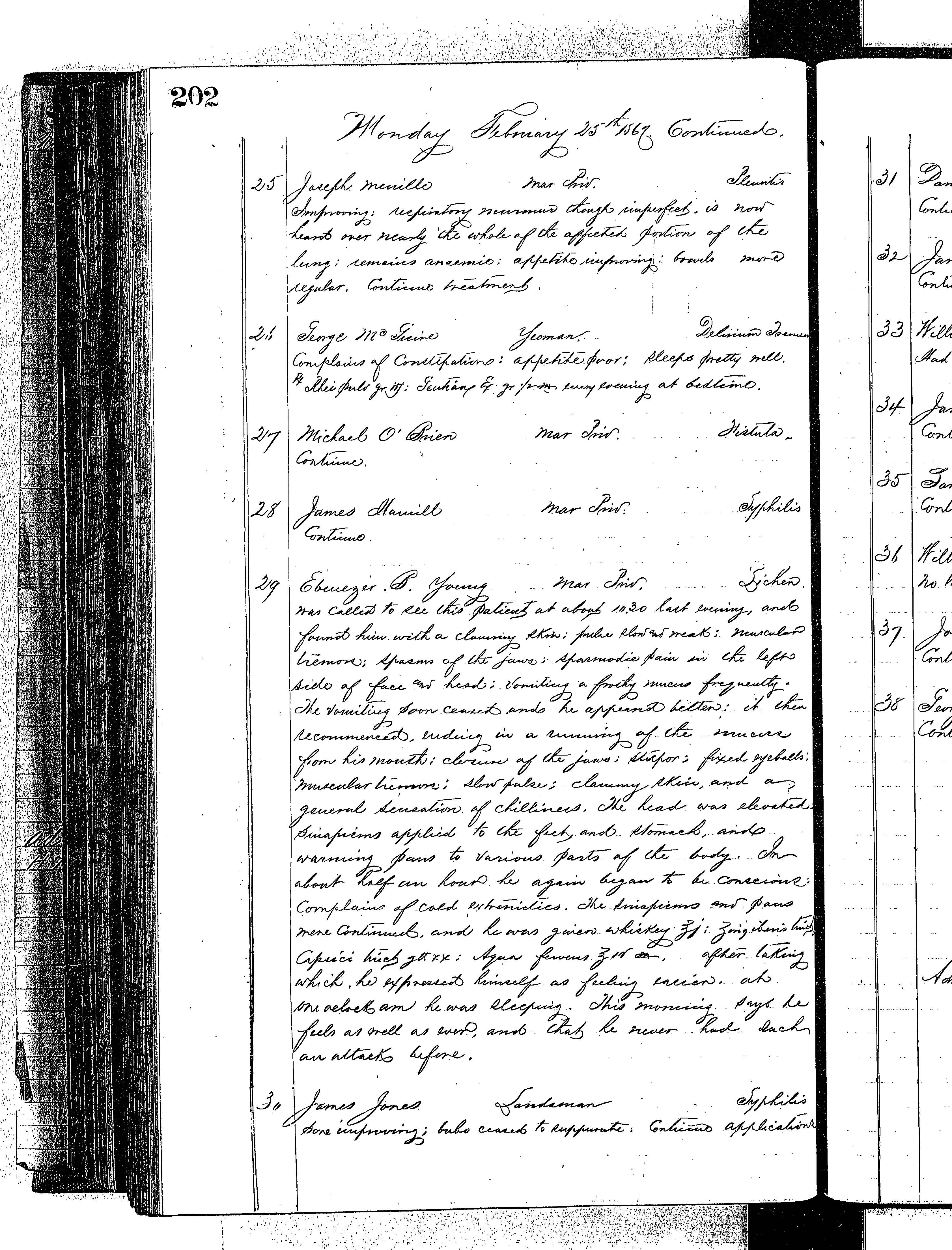 Patients in the Naval Hospital, Washington DC, on February 25, 1867 - Page 3 of 4, in the Medical Journal, October 1, 1866 to March 20, 1867