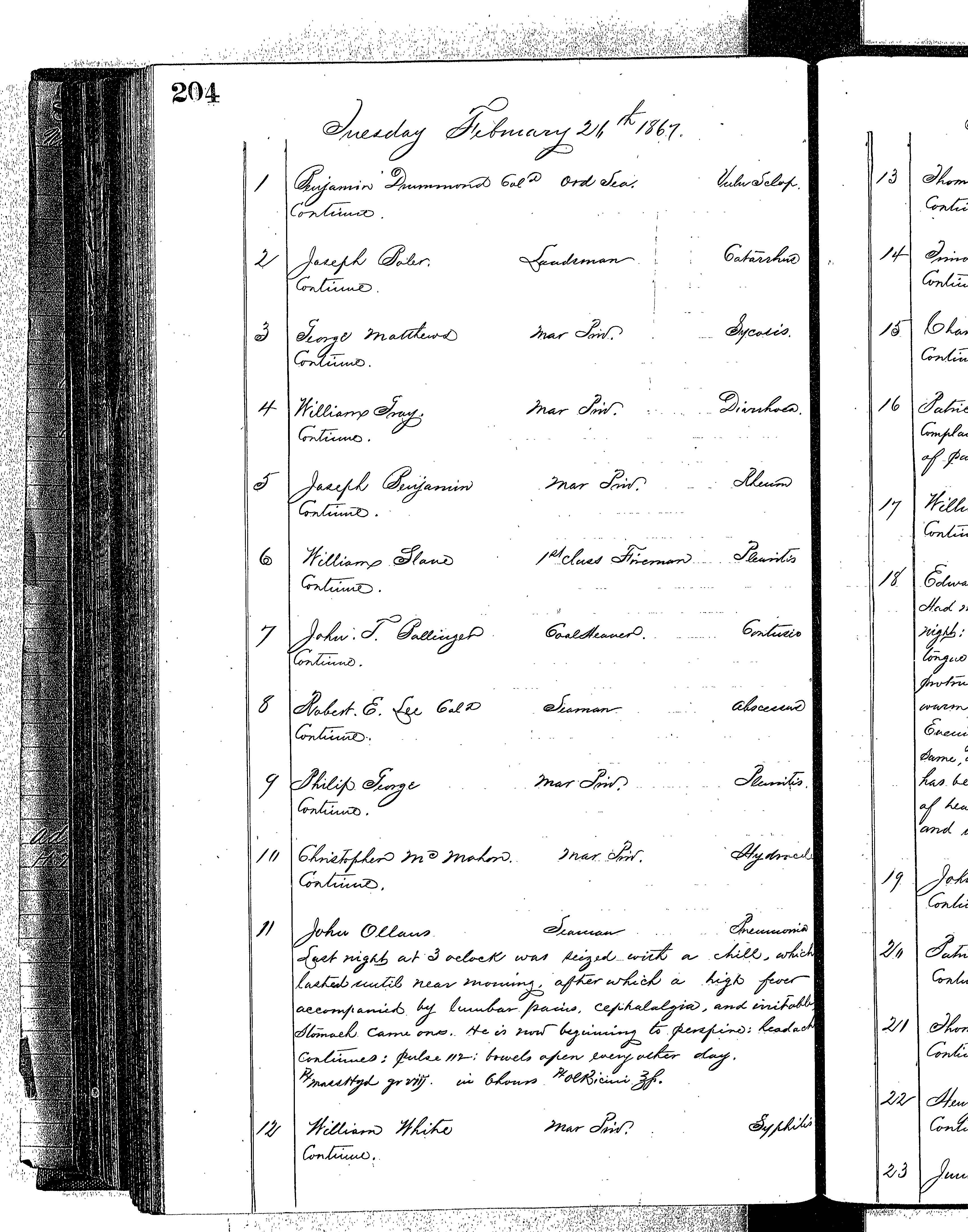 Patients in the Naval Hospital, Washington DC, on February 26, 1867 - Page 1 of 4, in the Medical Journal, October 1, 1866 to March 20, 1867