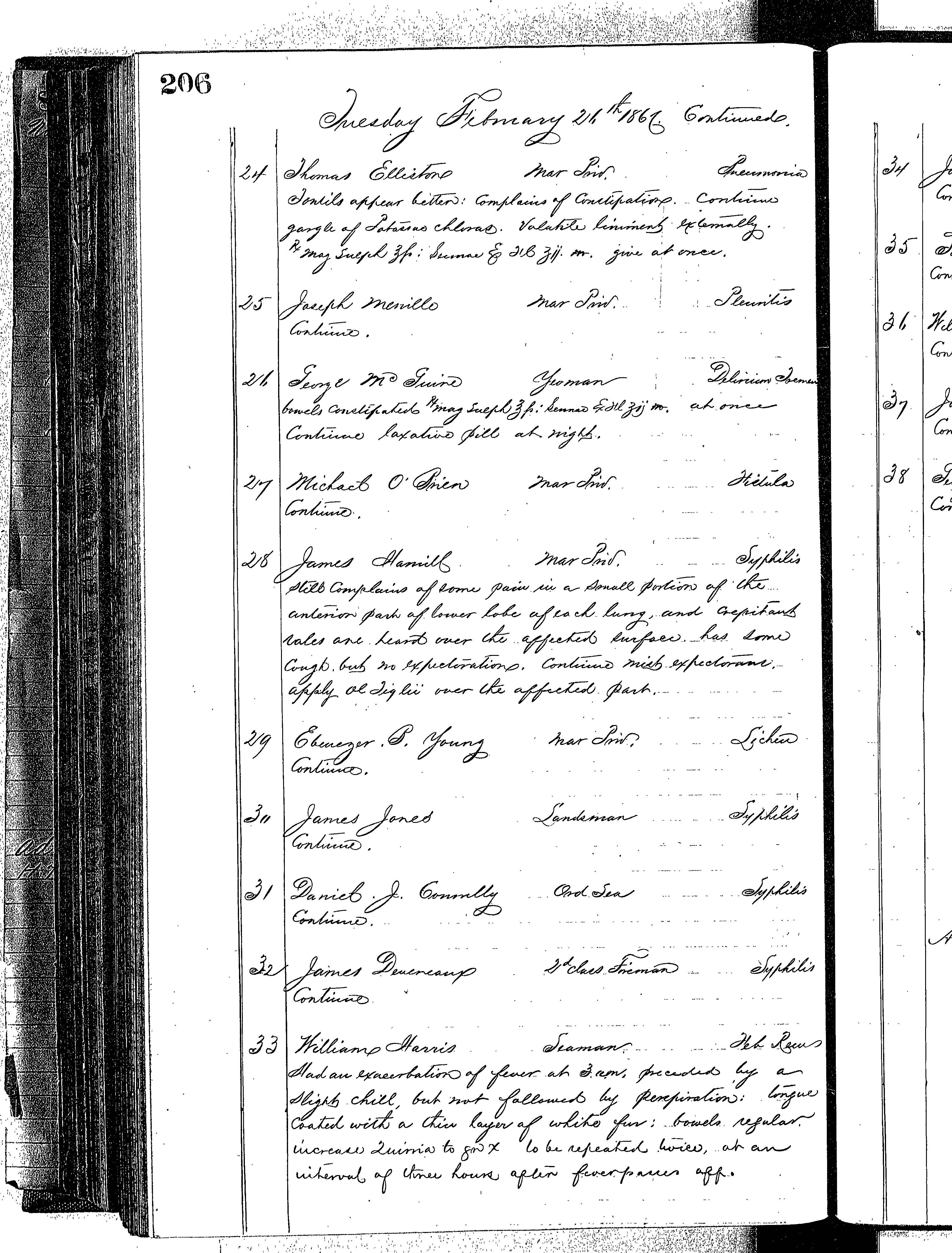 Patients in the Naval Hospital, Washington DC, on February 26, 1867 - Page 3 of 4, in the Medical Journal, October 1, 1866 to March 20, 1867